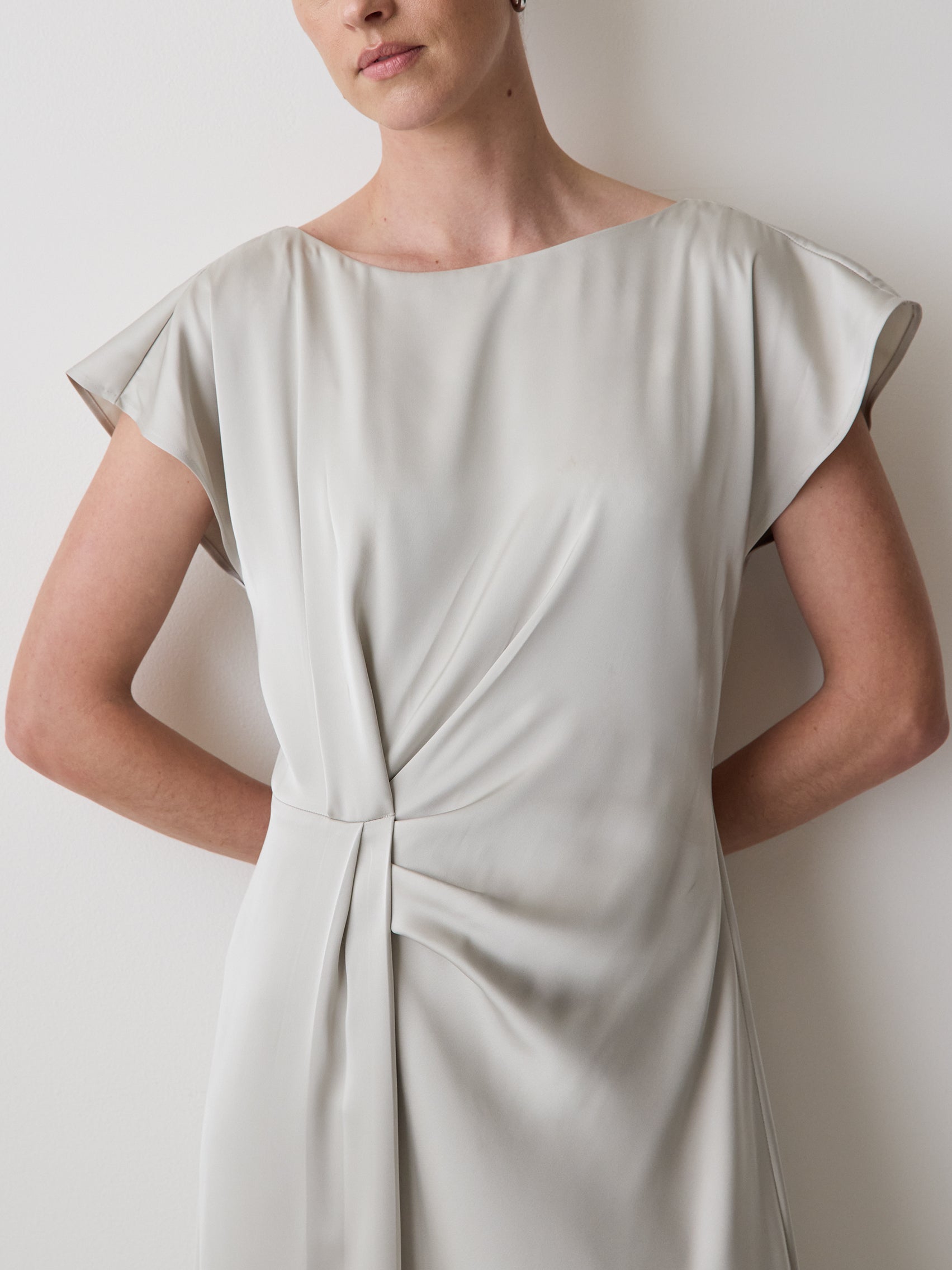 Short-Sleeve Cocktail Midi Dress with Draped Detail