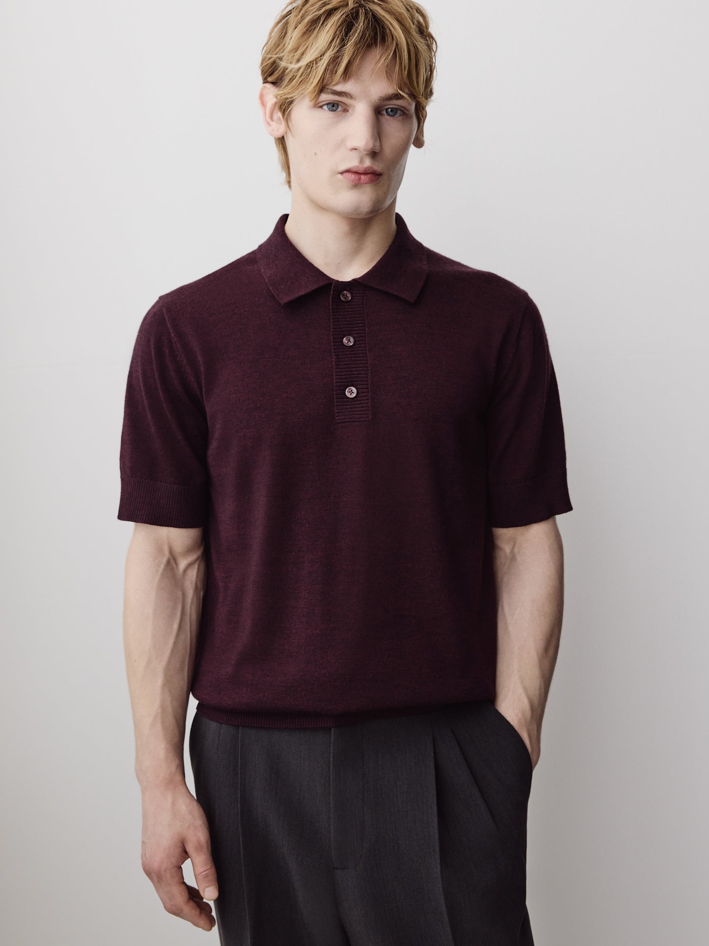 Merino Wool Polo Sweater Short Sleeve