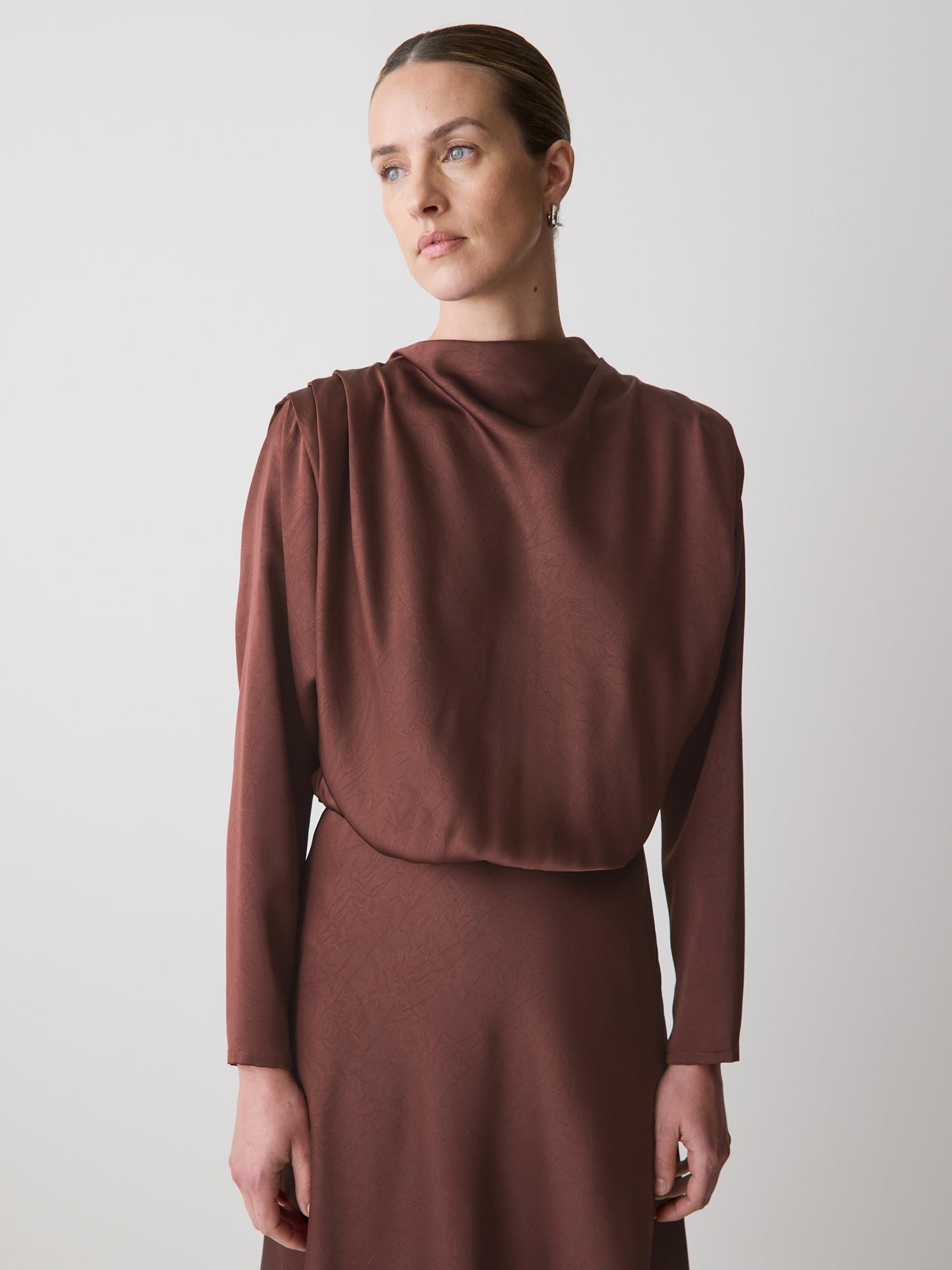 Satin Long-Sleeve Crew-Neck Midi Dress