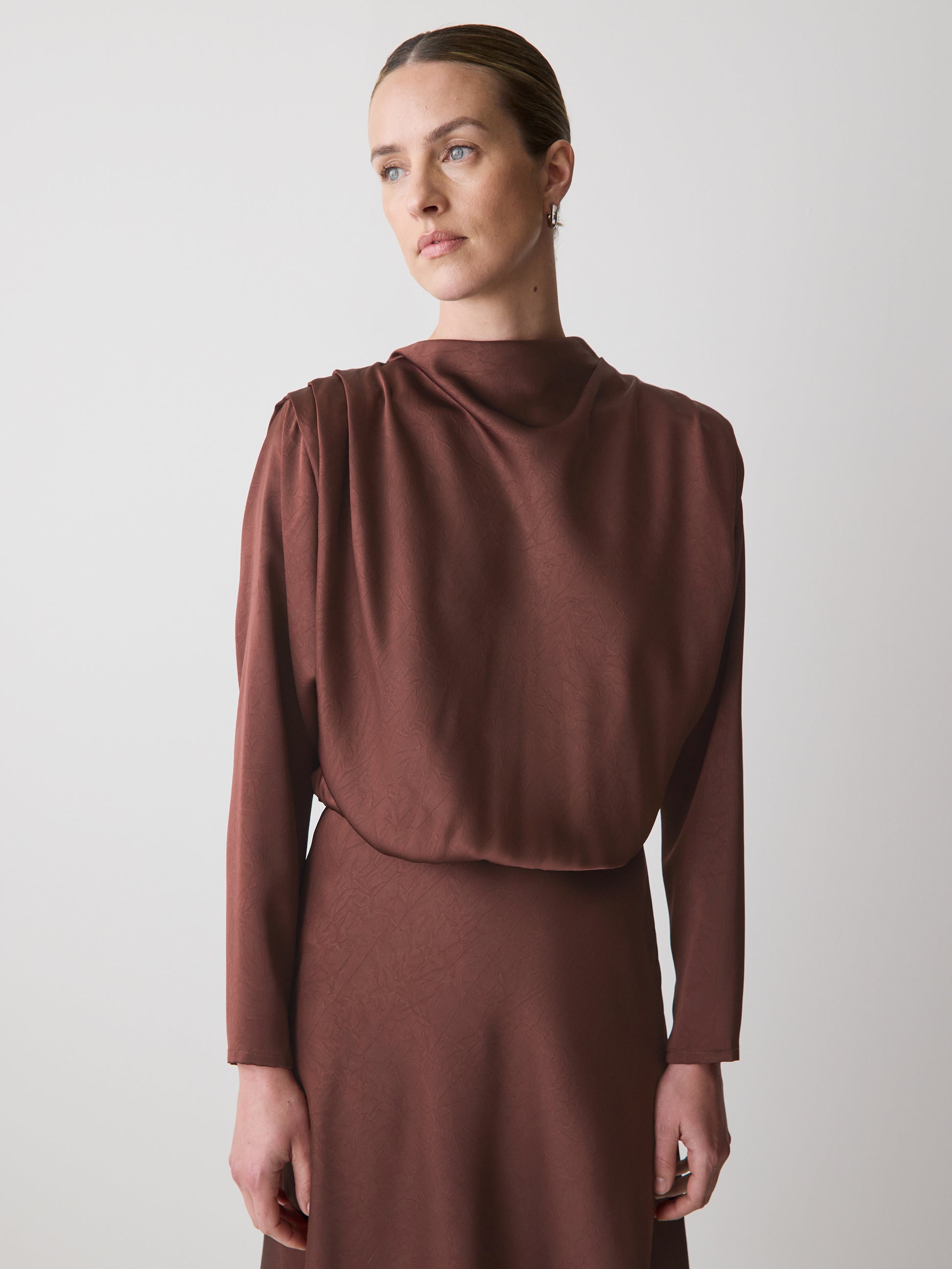 Satin Long-Sleeve Crew-Neck Midi Dress