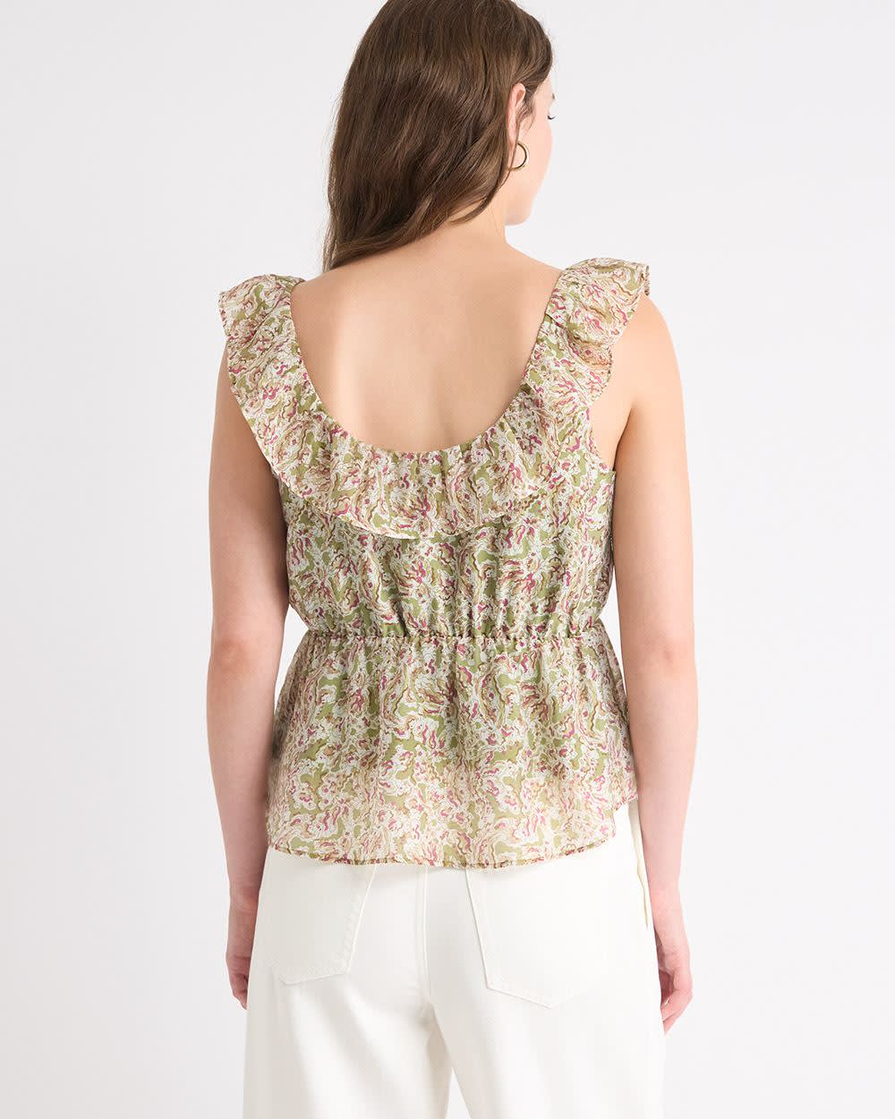 Sleeveless U-Neck Empire-Cut Blouse with Ruffles