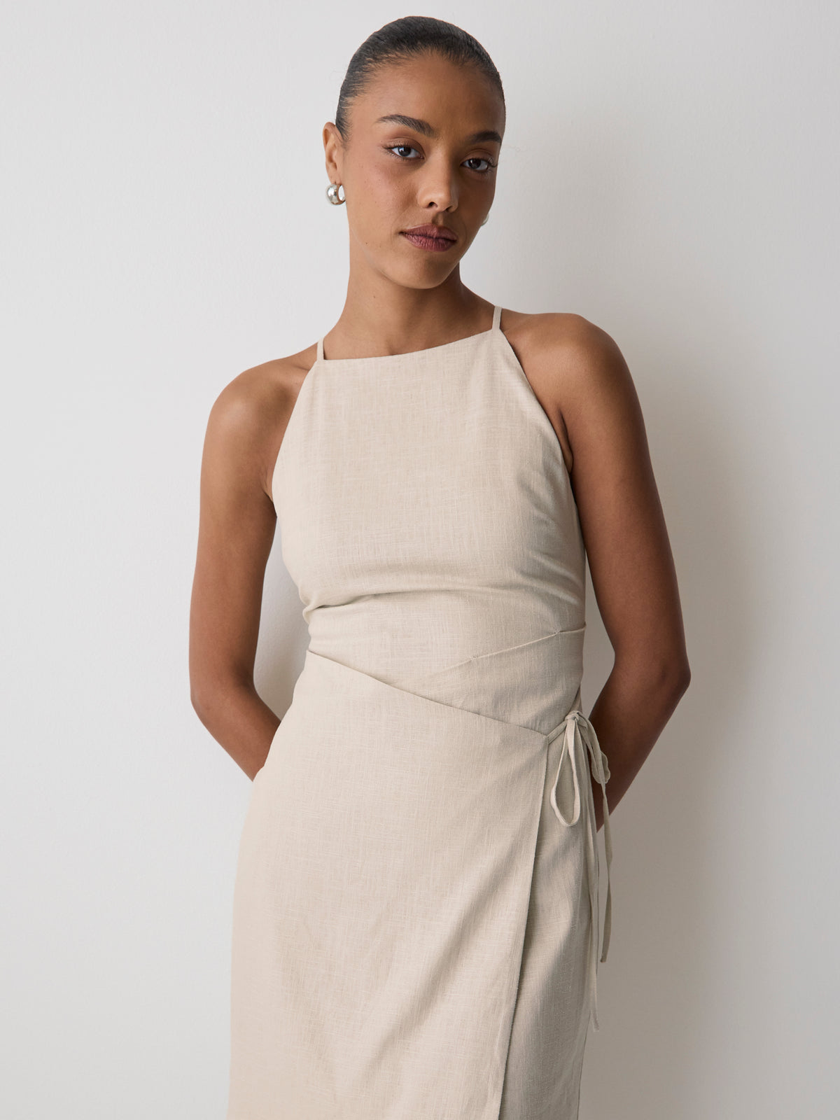 Woven Linen Blend Halter Dress