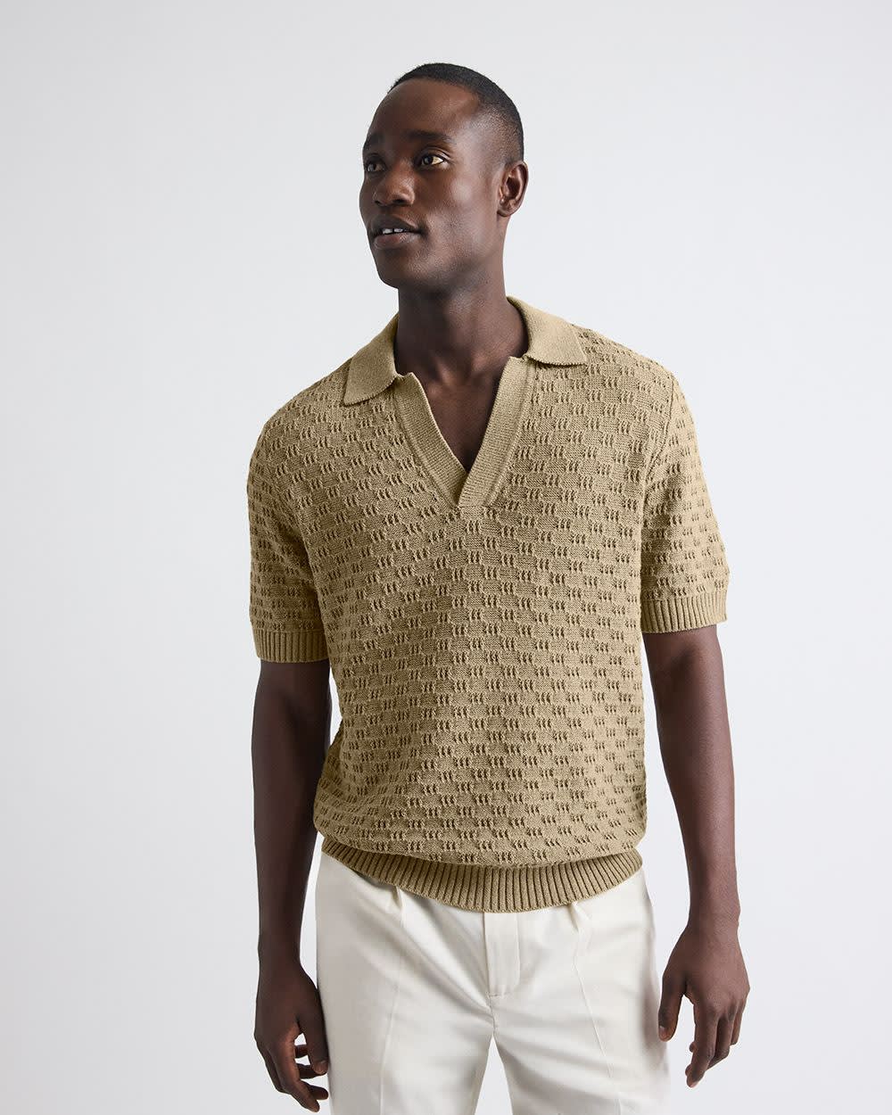 Short-Sleeve Linen-Blend Polo with Johnny Collar