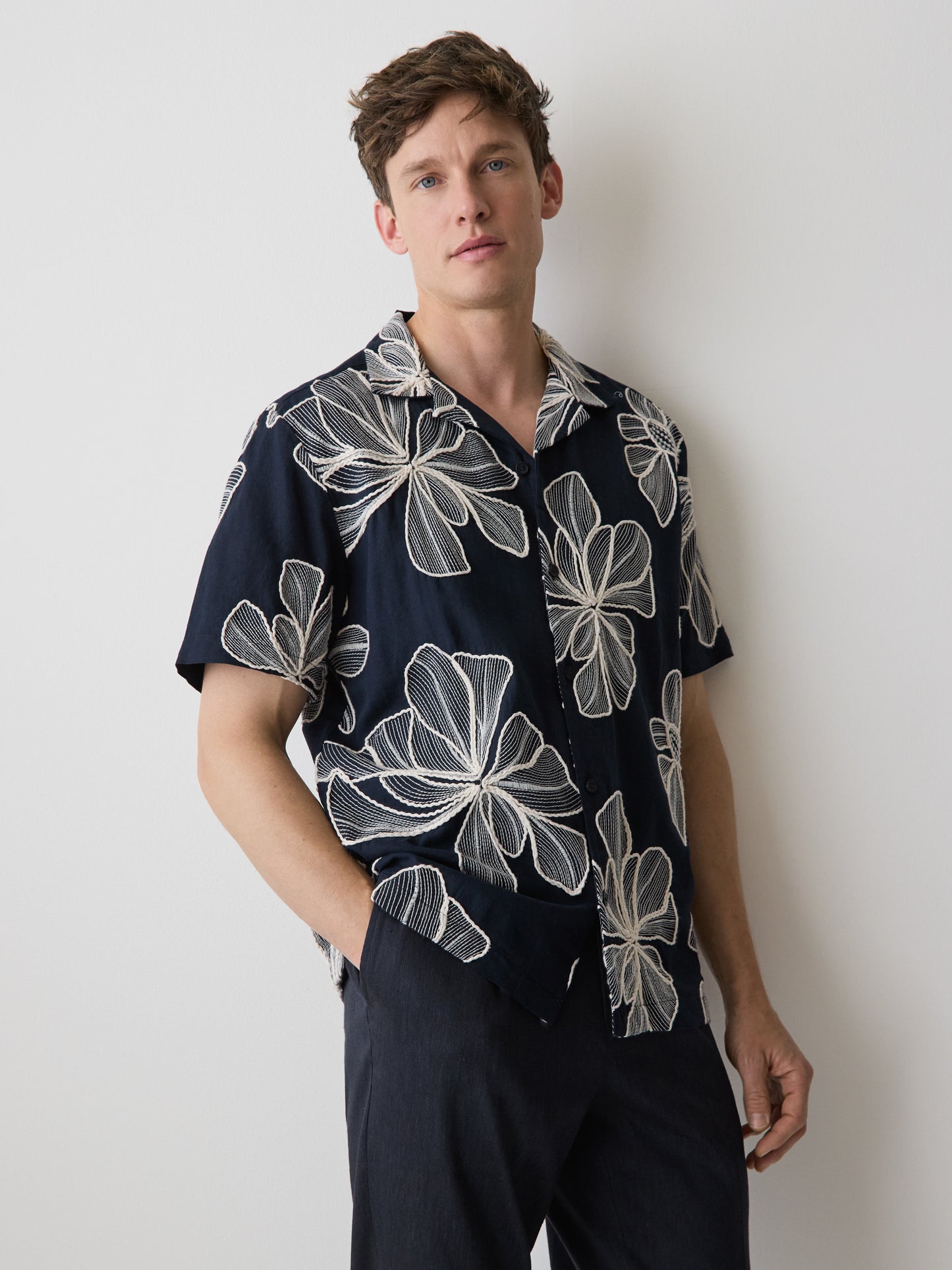 Short-Sleeve Camp-Collar Shirt with Embroidered Details