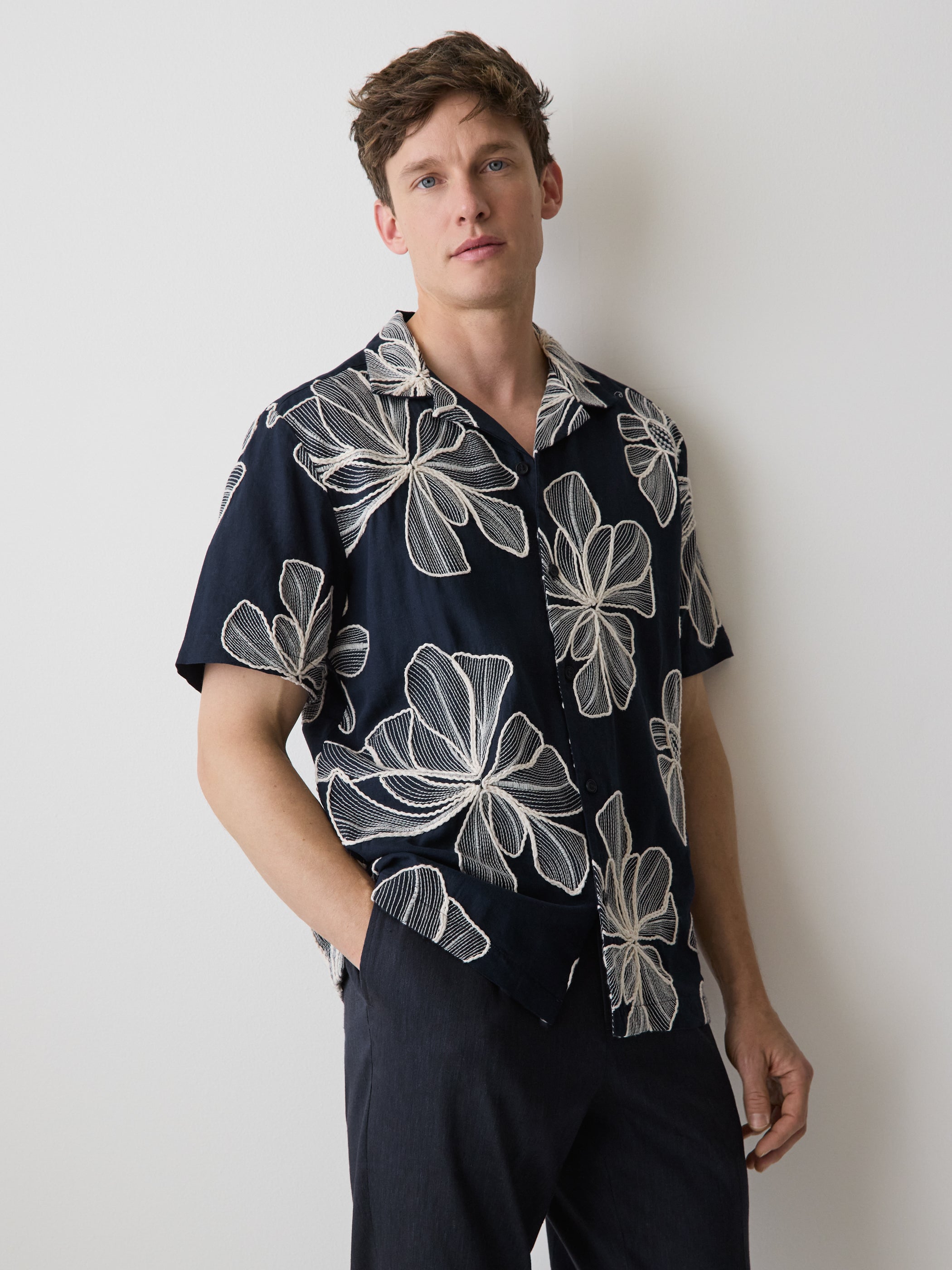Short-Sleeve Camp-Collar Shirt with Embroidered Details