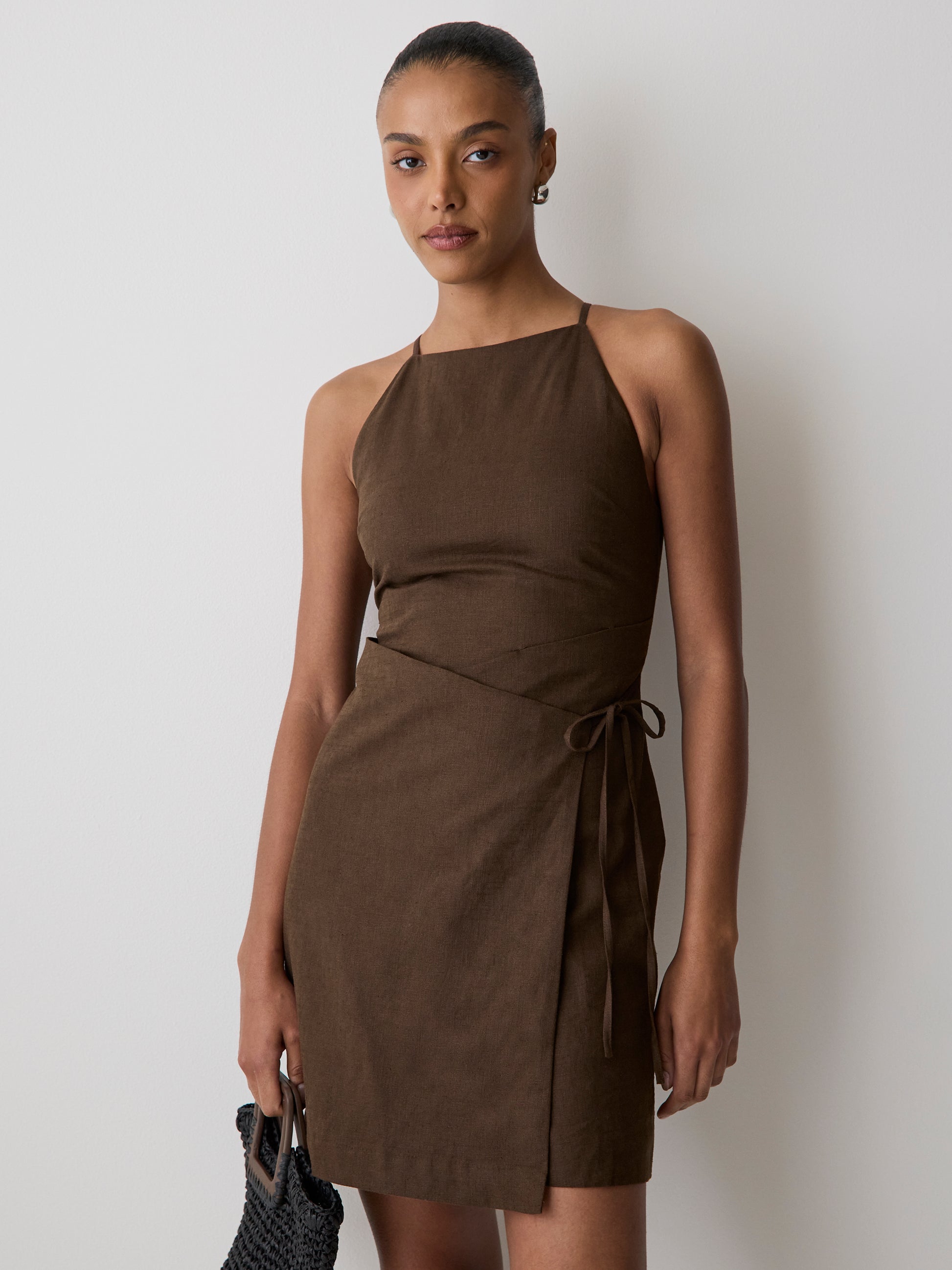 Woven Linen Blend Halter Dress