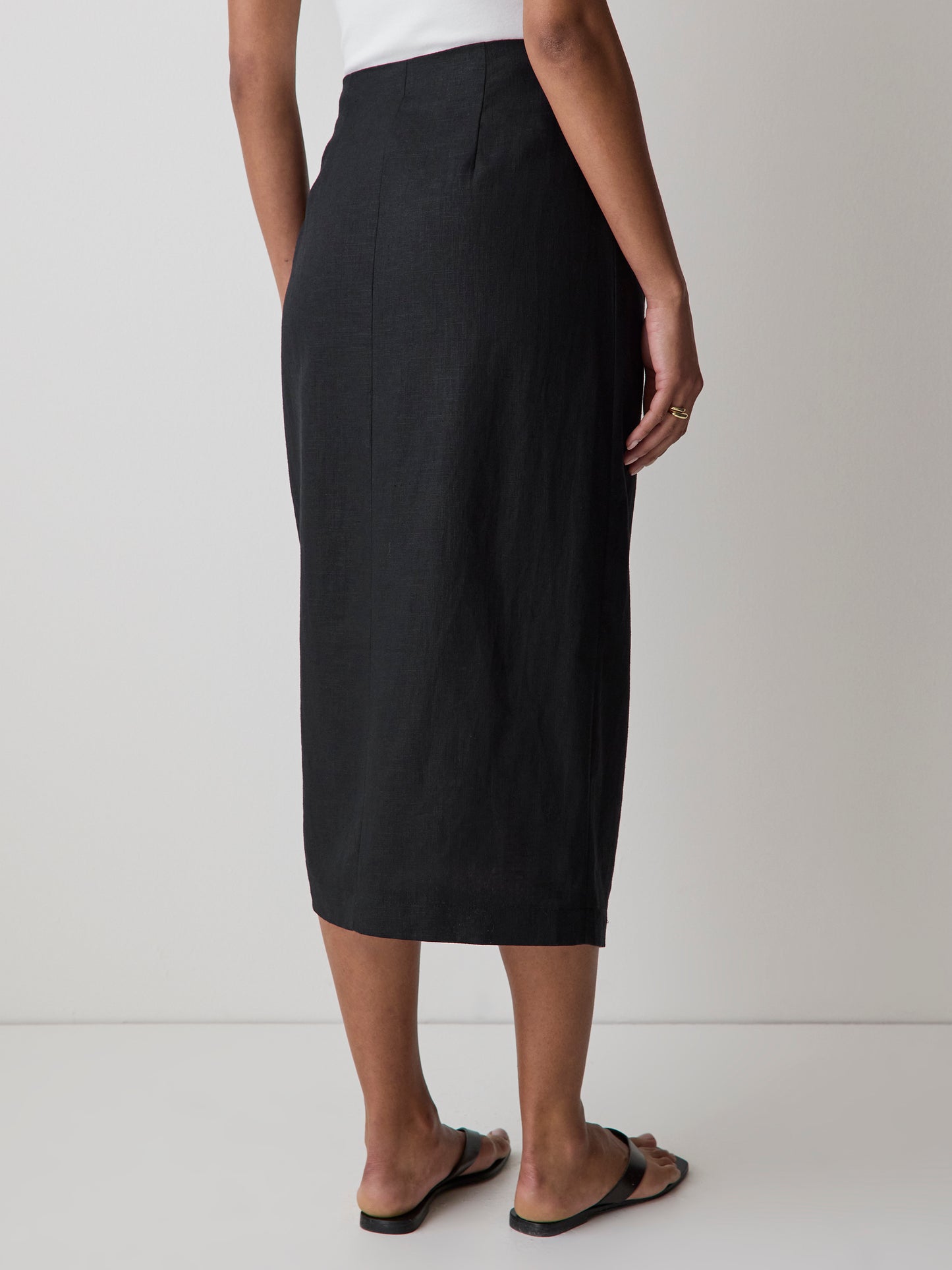 Woven Linen Blend Wrap Midi Skirt