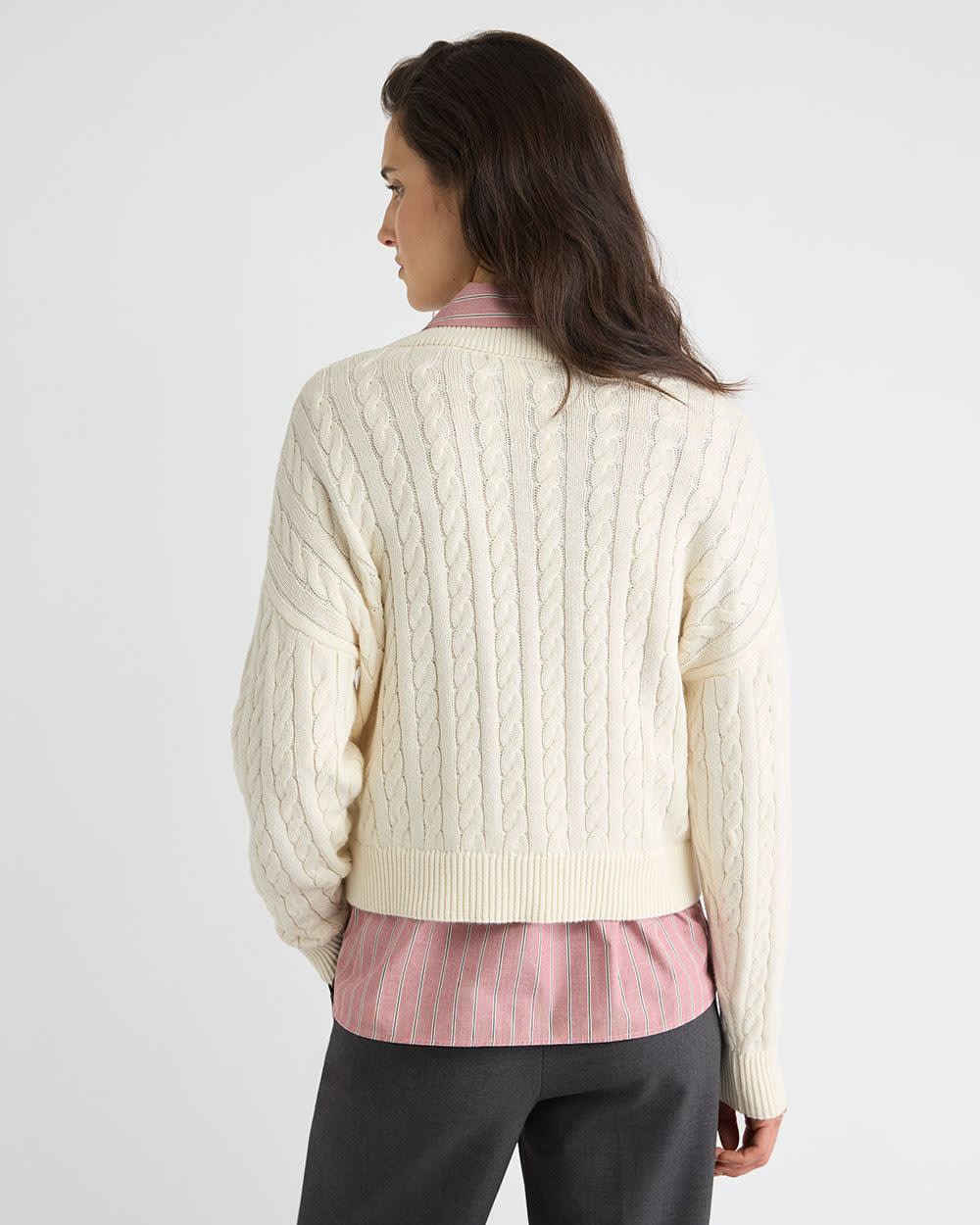 Long-Sleeve V-Neck Cable-Stitch Merino-Blend Sweater