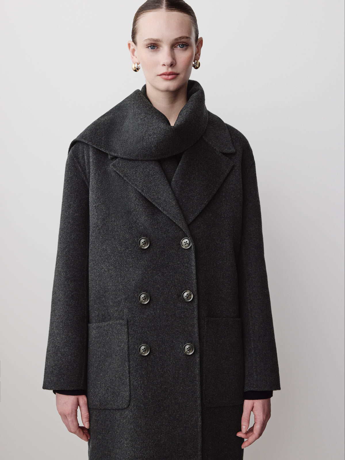 Wool Blend Double-Breasted Coat with Removable Scarf