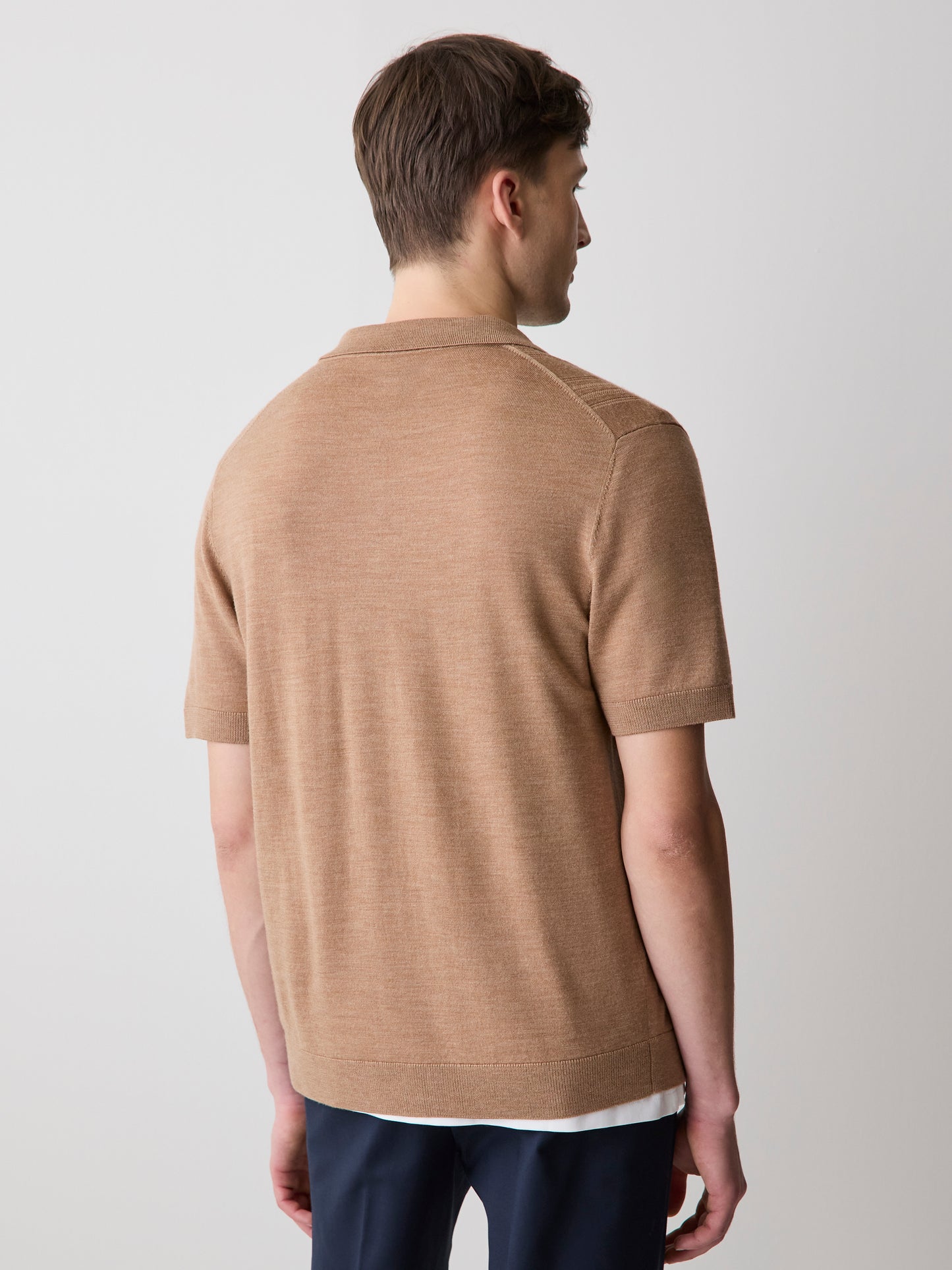 Merino-Wool Short-Sleeve Shirt-Collar Cardigan