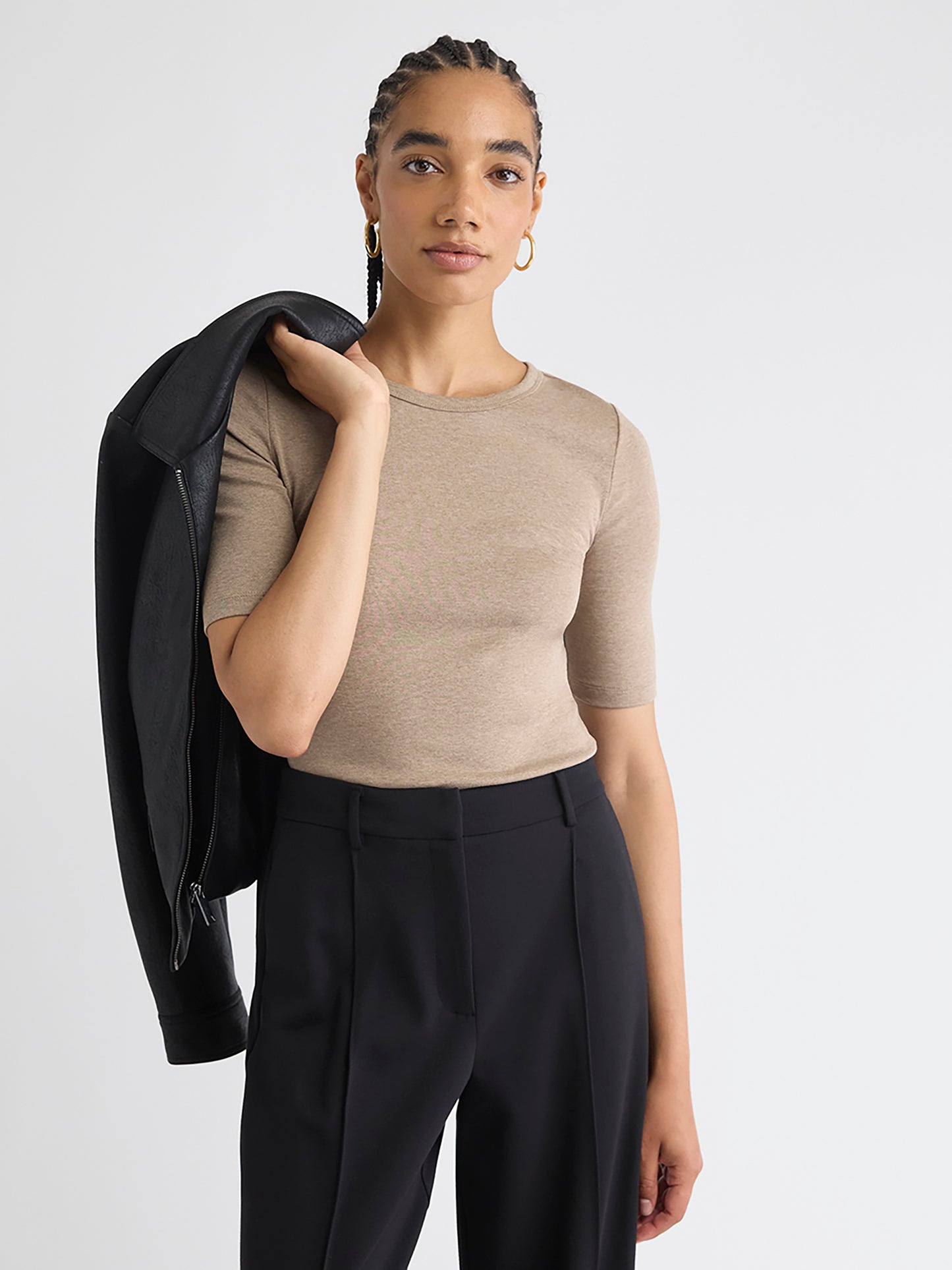 Elbow-Sleeve Crew-Neck Fitted Tee