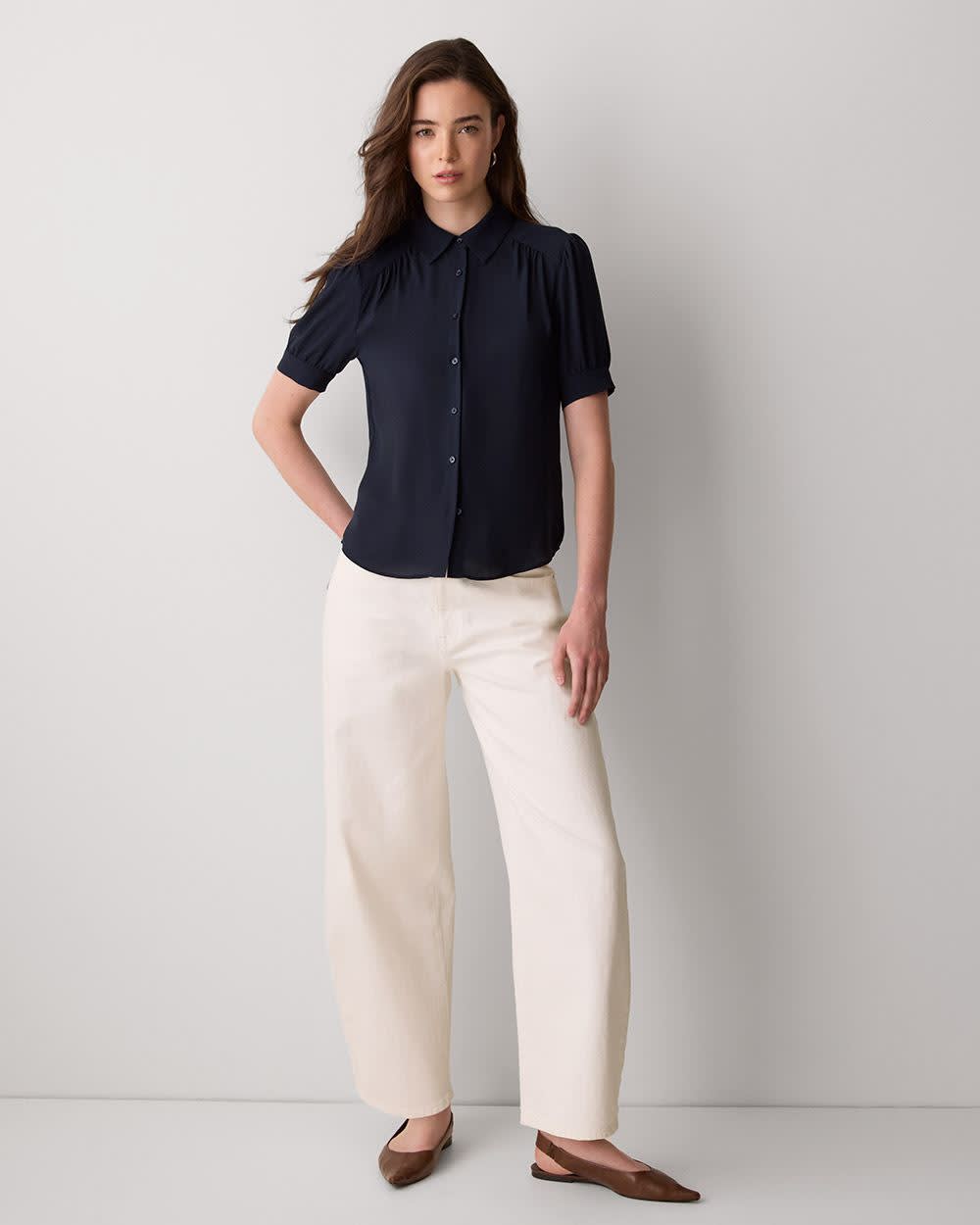 Silky Crepe Short-Sleeve Buttoned-Down Blouse