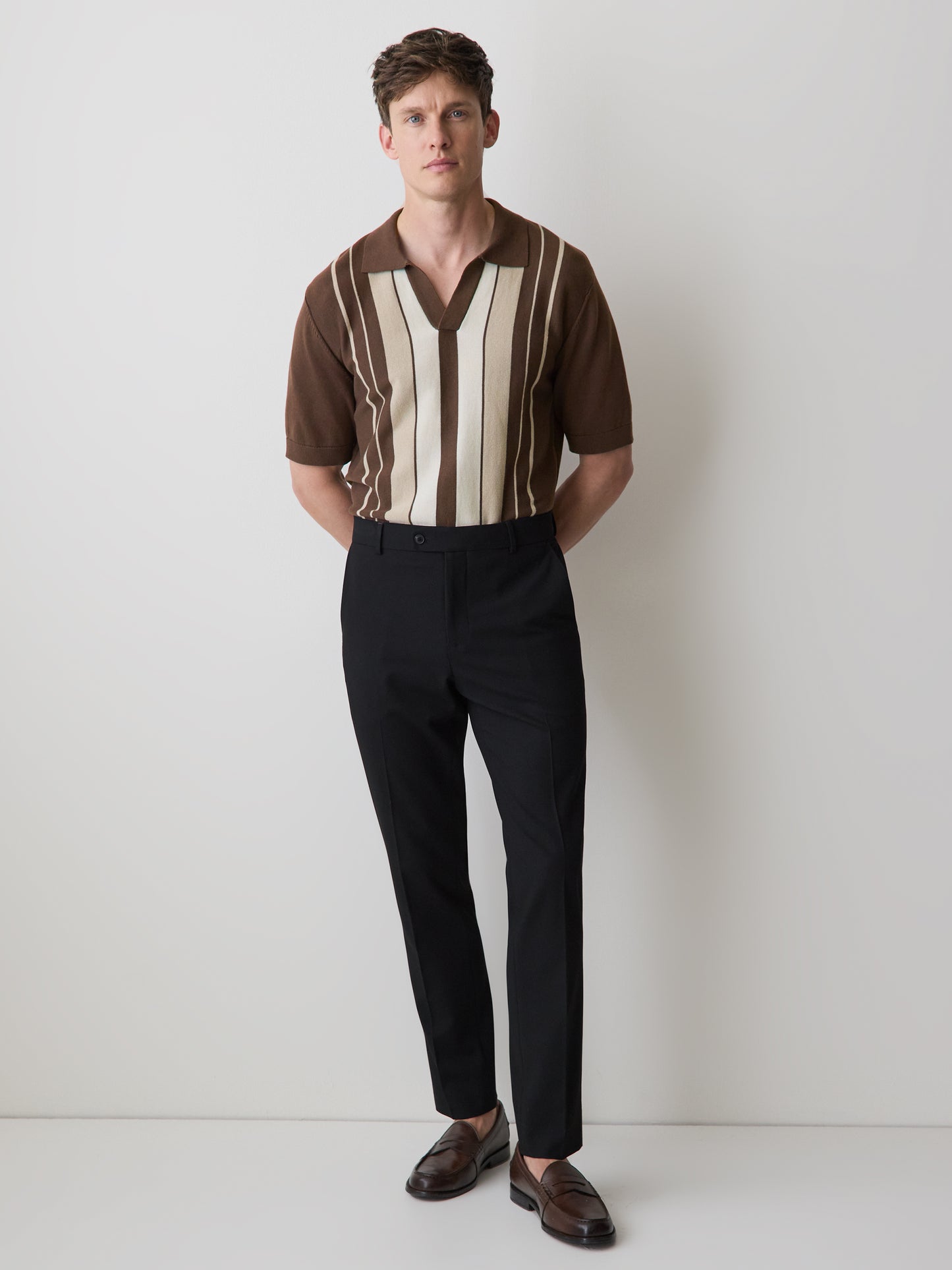 Striped Short-Sleeve Sweater with Johnny Collar