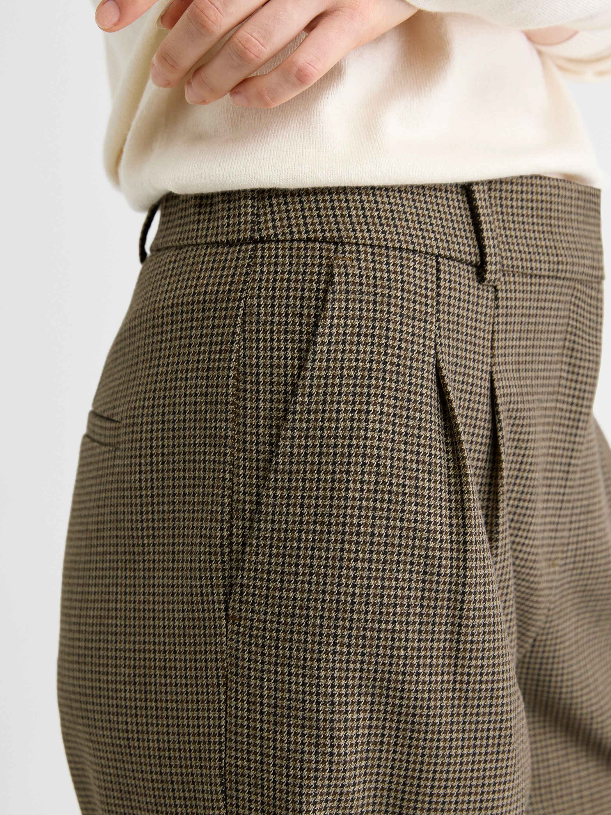 Pantalon Pied-de-Poule à Taille Haute et Jambe Large