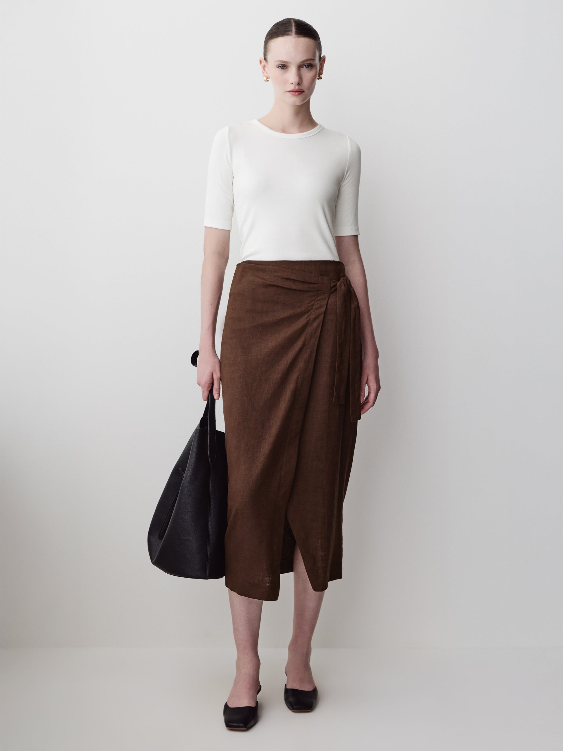 Linen-Blend Straight Midi Skirt with Wrap Front