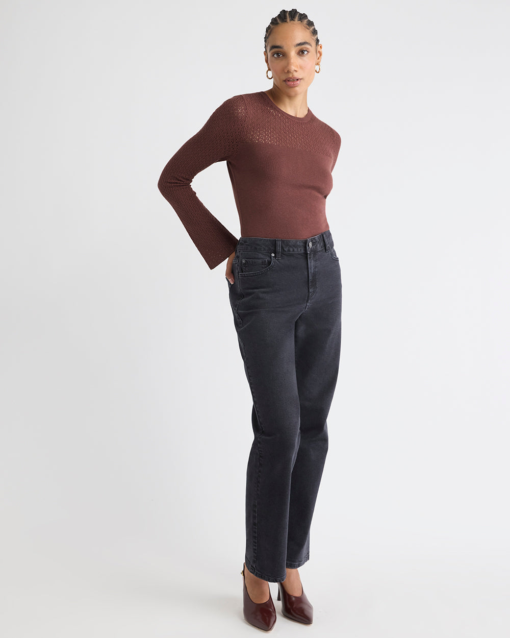 Long-Sleeve Crew-Neck Sweater with Fancy-Stitch Yoke