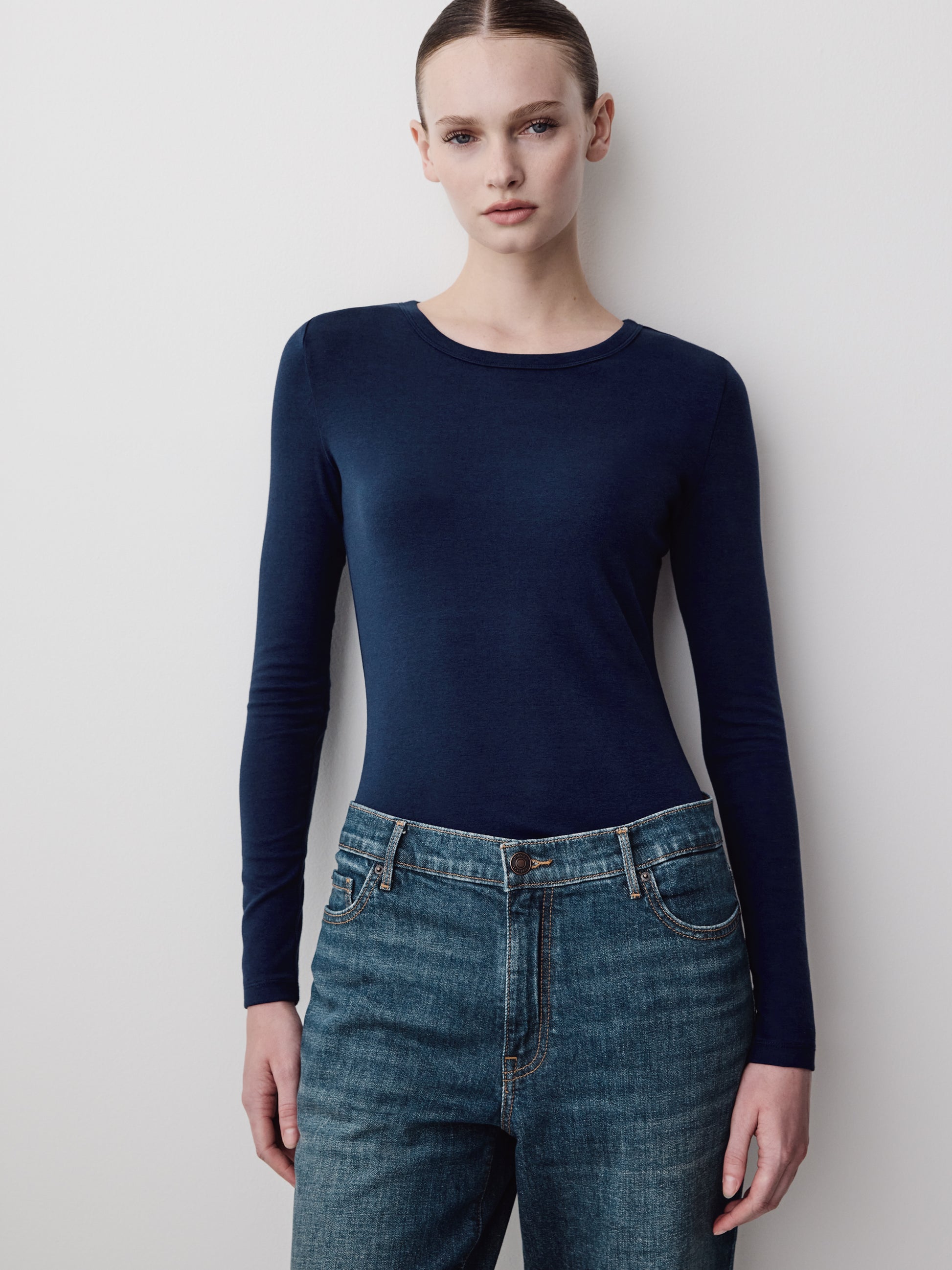 Long Sleeve Knit Pullover Crew Neck Cotton Blend
