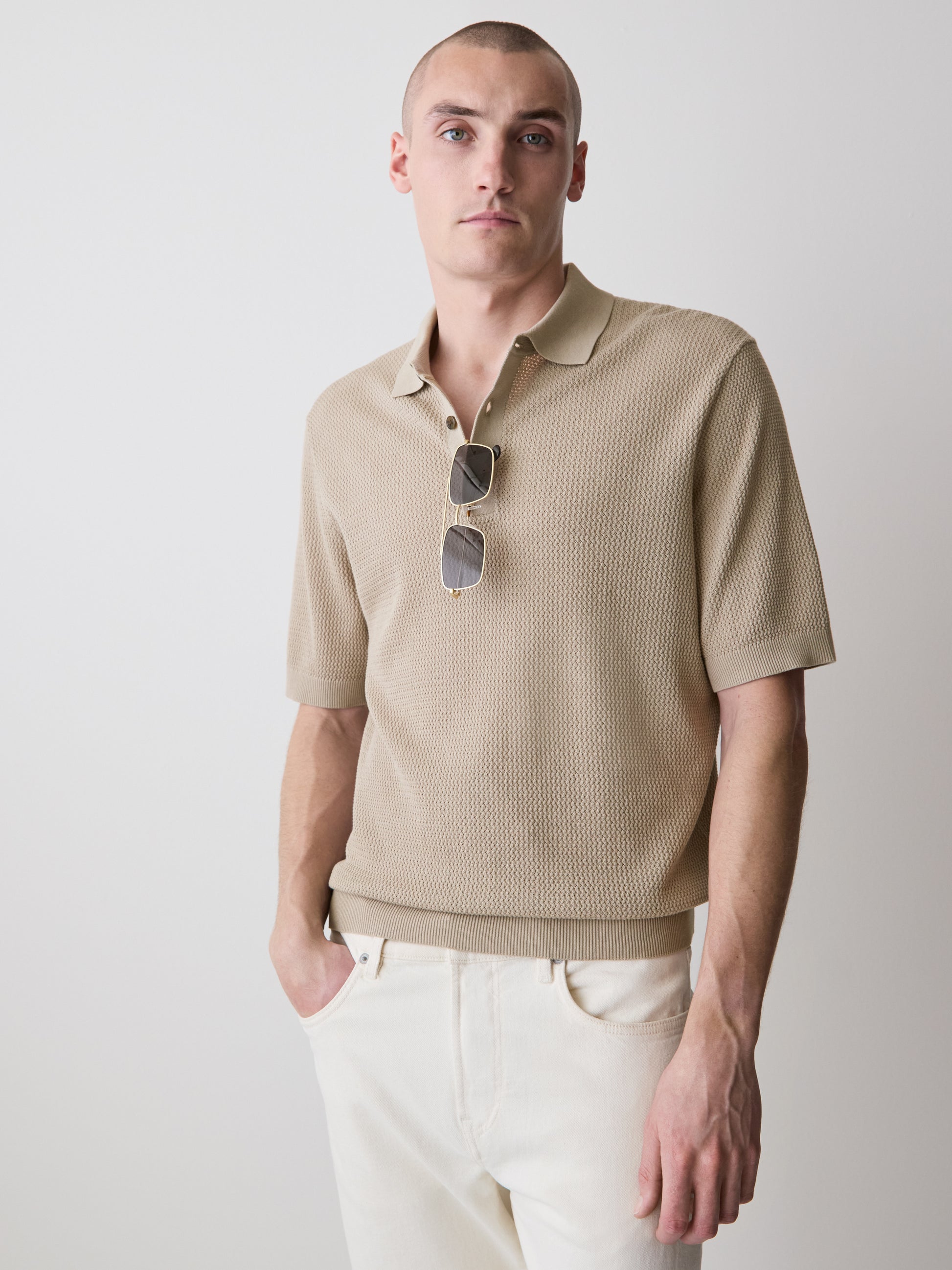 Textured Short-Sleeve Polo Sweater
