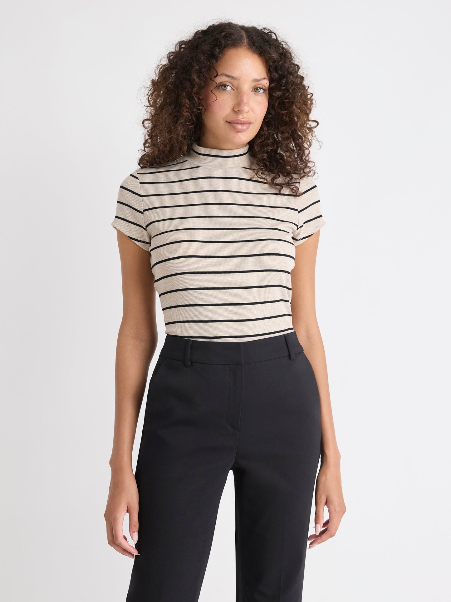 Striped Cap-Sleeve Mock-Neck Top