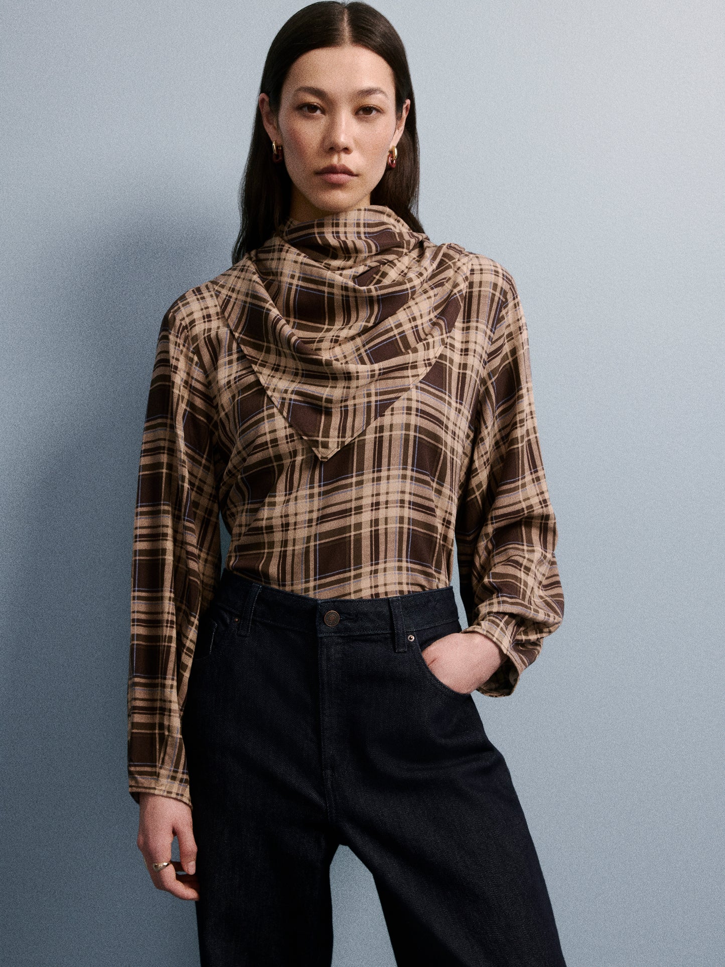 Long-Sleeve Popover Blouse with Scarf Neckline