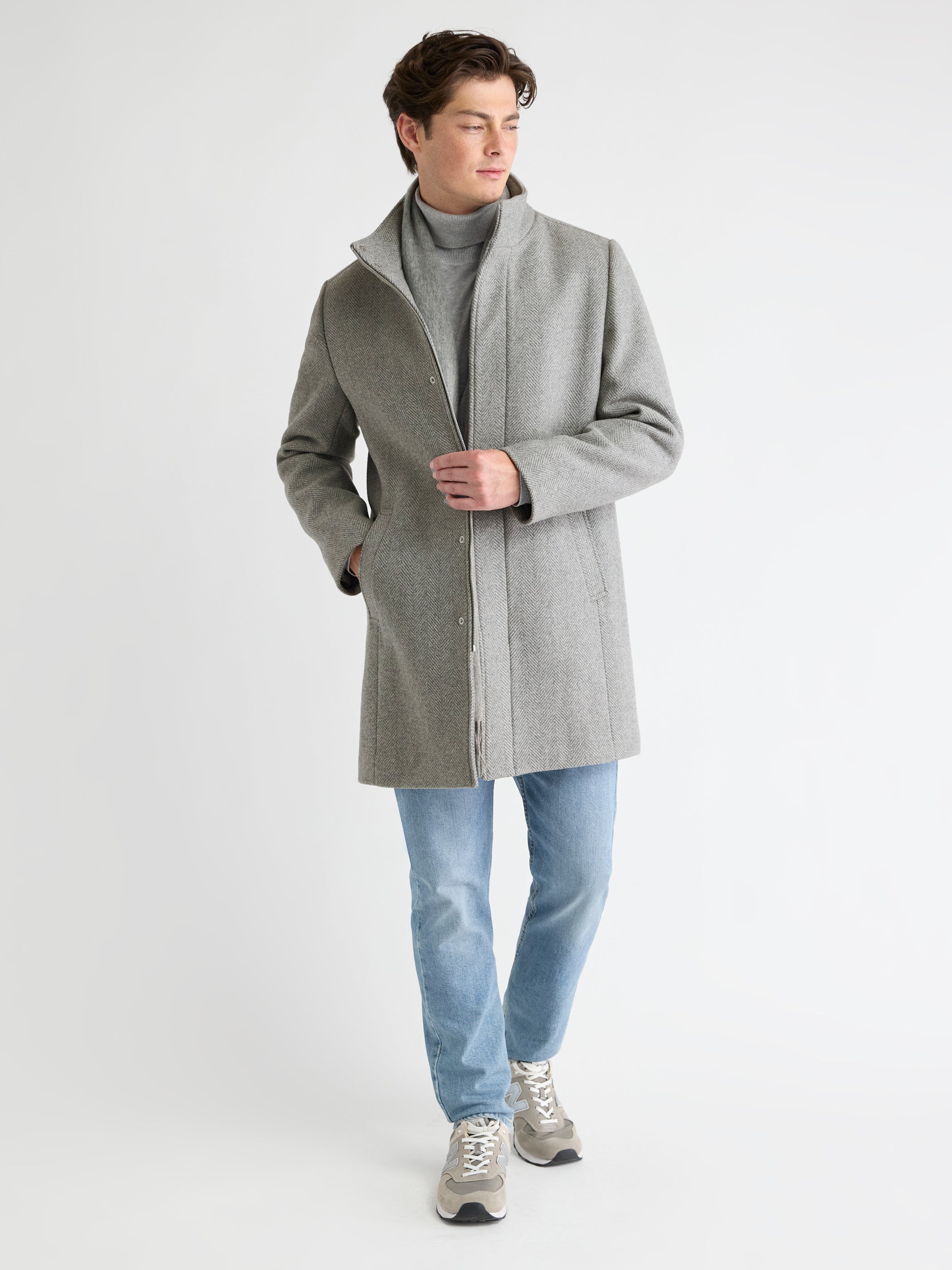 Classic Mock-Neck Herringbone Wool Coat with Dickey