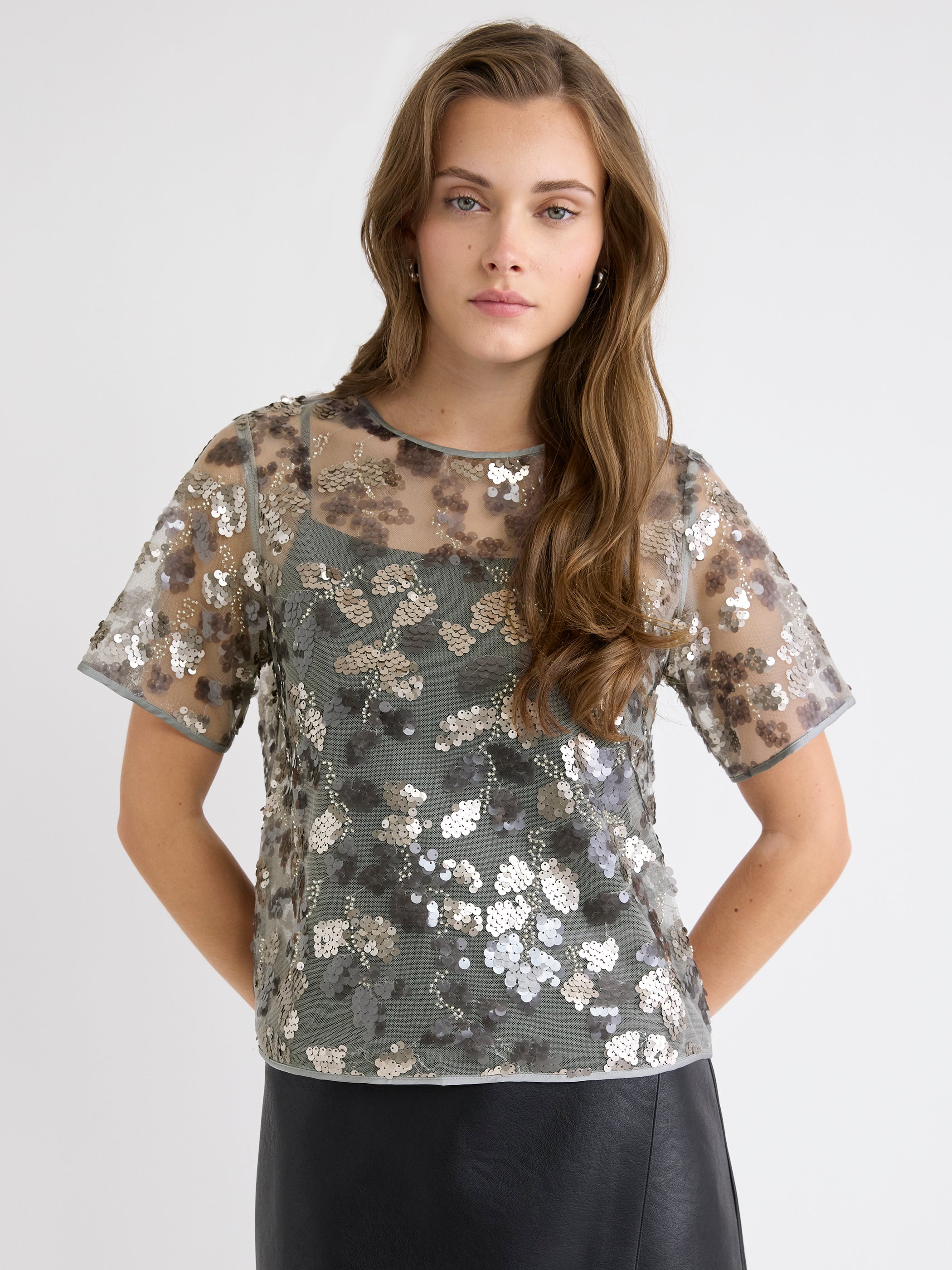 Blouse Popover à Paillettes à Col Rond et Manches Courtes