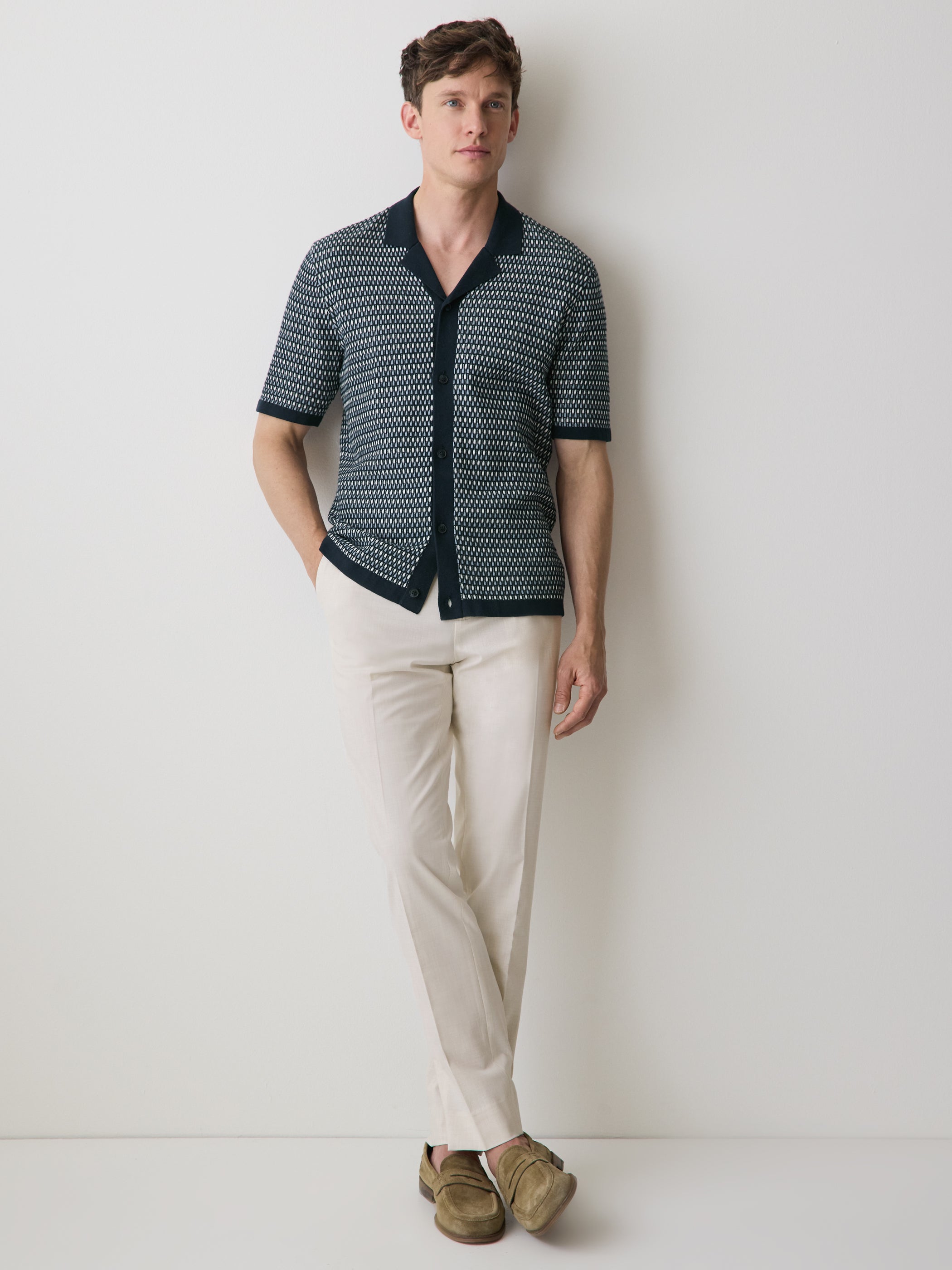 Striped Short-Sleeve Buttoned-Down Sweater with Camp Collar