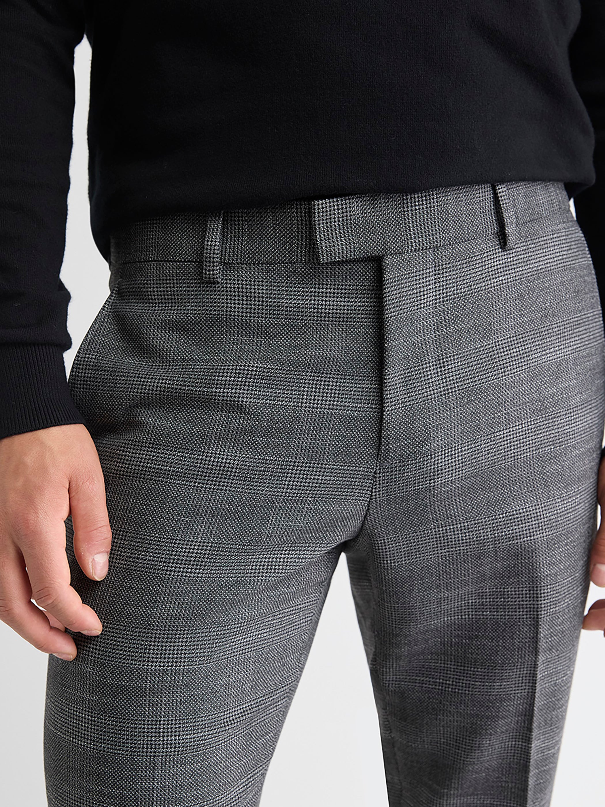 Pantalon de Complet Carreauté Gris Foncé à Coupe Étroite