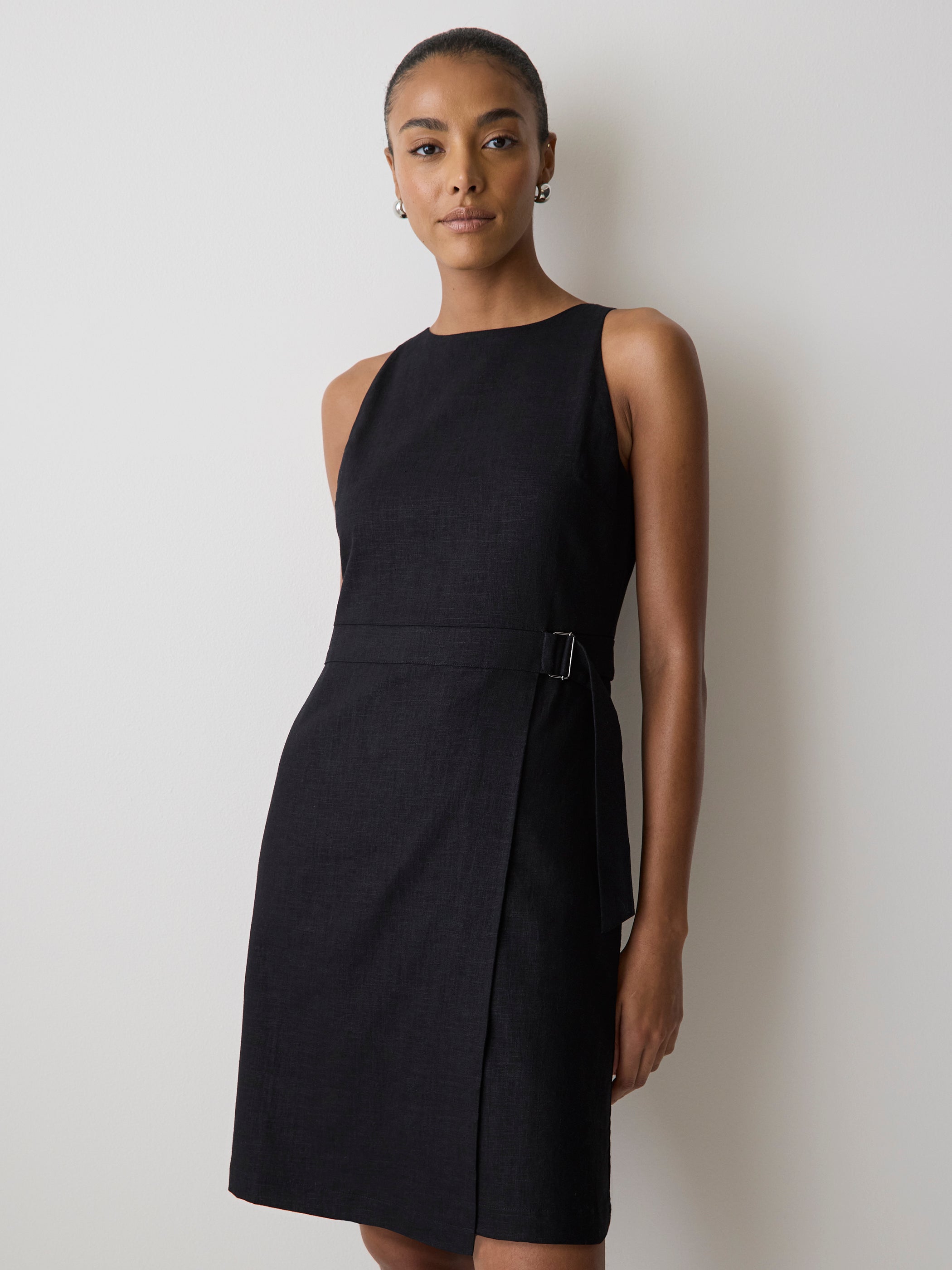 Robe Courte Sans Manches à Col Bateau en Mélange de Lin