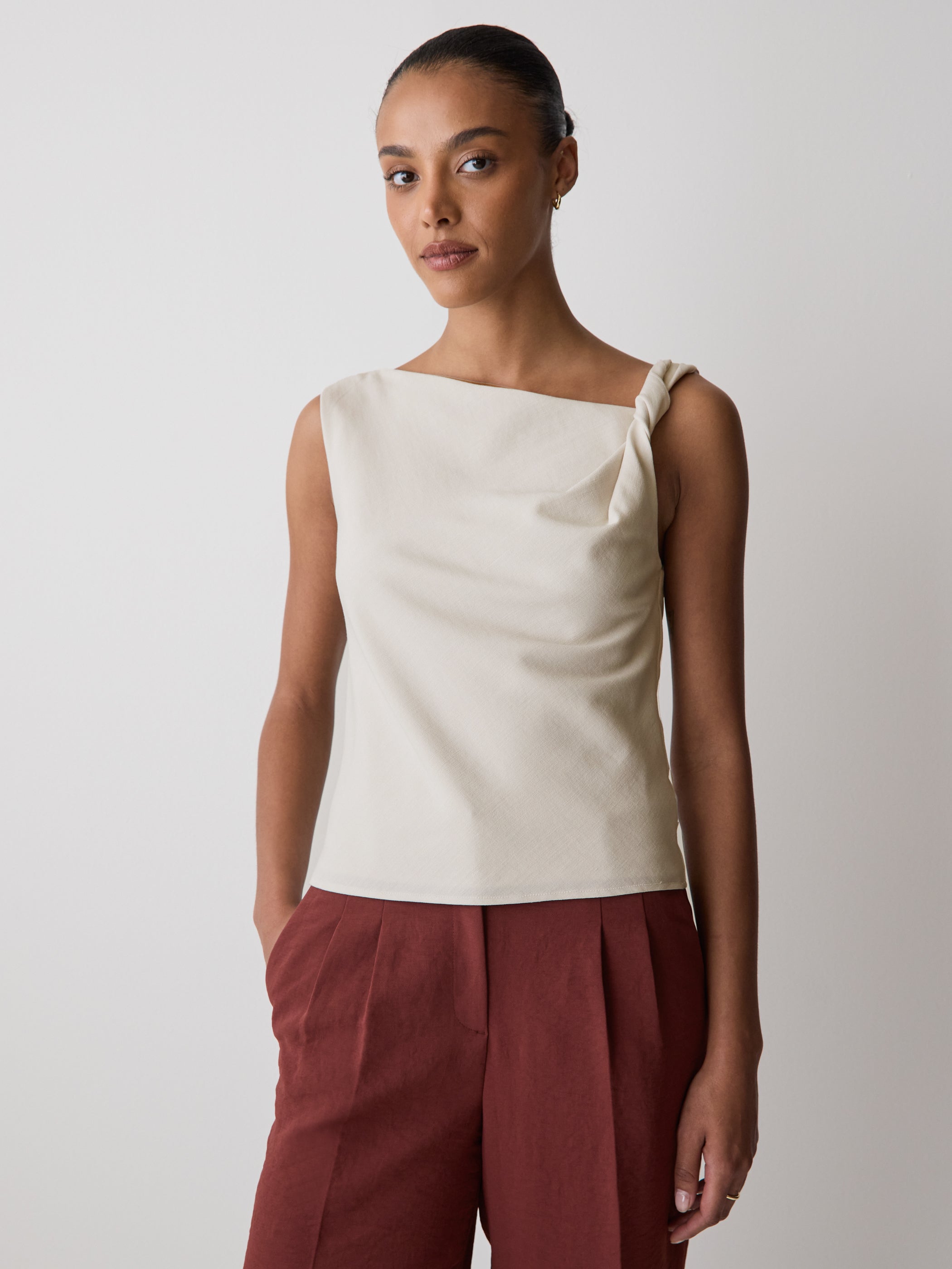 Woven Linen Blend Blouse with Shoulder Twist