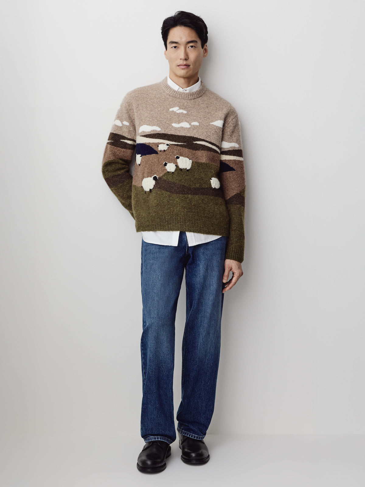 Long Sleeve Landscape Intarsia Crew Neck Sweater