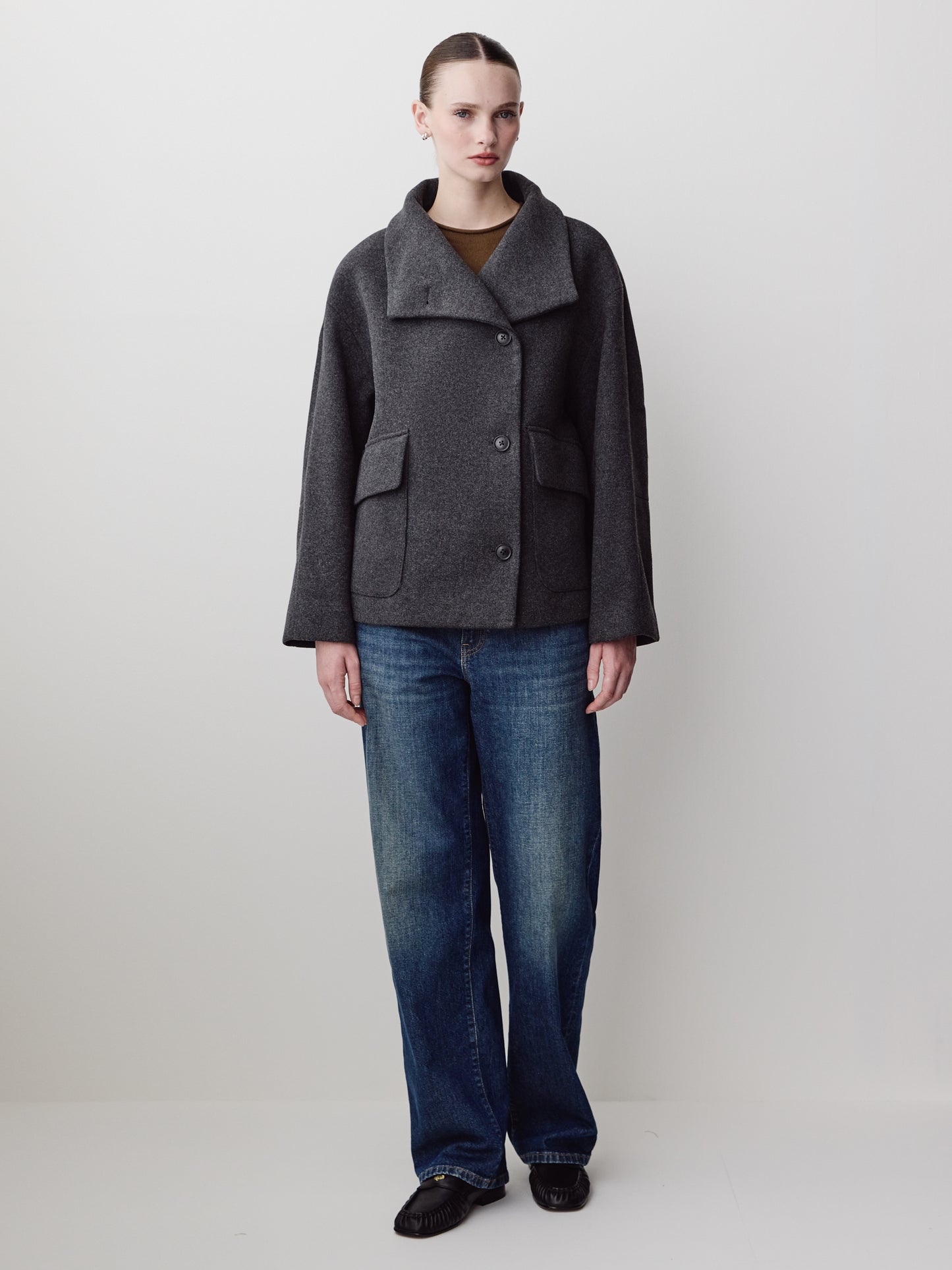 Wool Blend Short Jacket with Funnel Neck