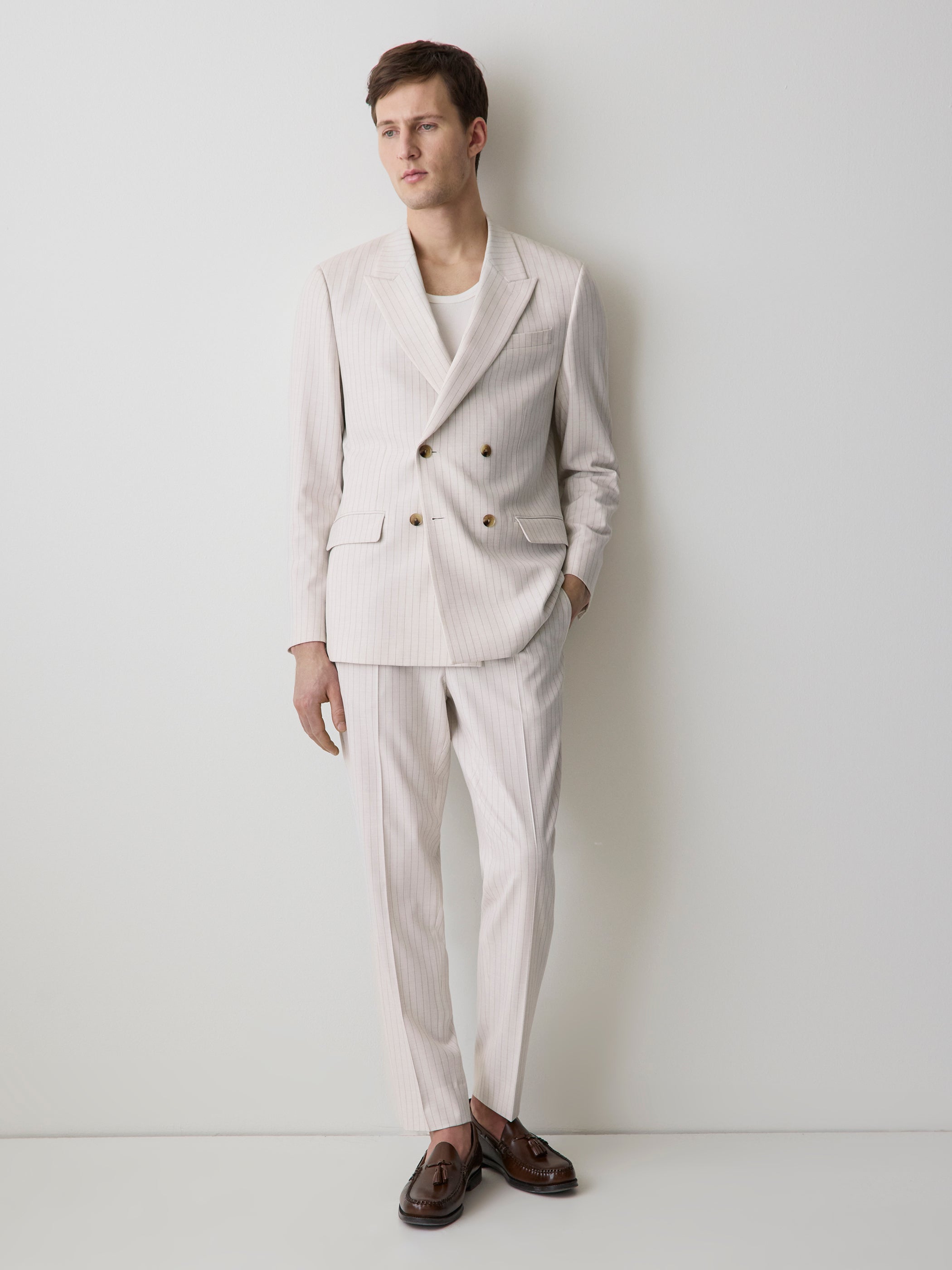 Pleated Tapered-Leg Striped Suit Pant