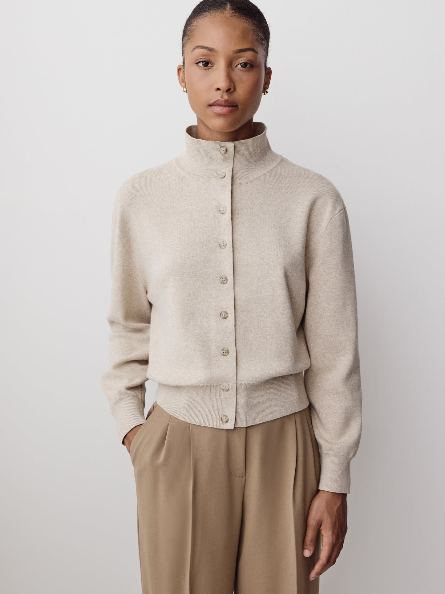 Knit Cardigan Cotton Nylon Blend Mock Neck