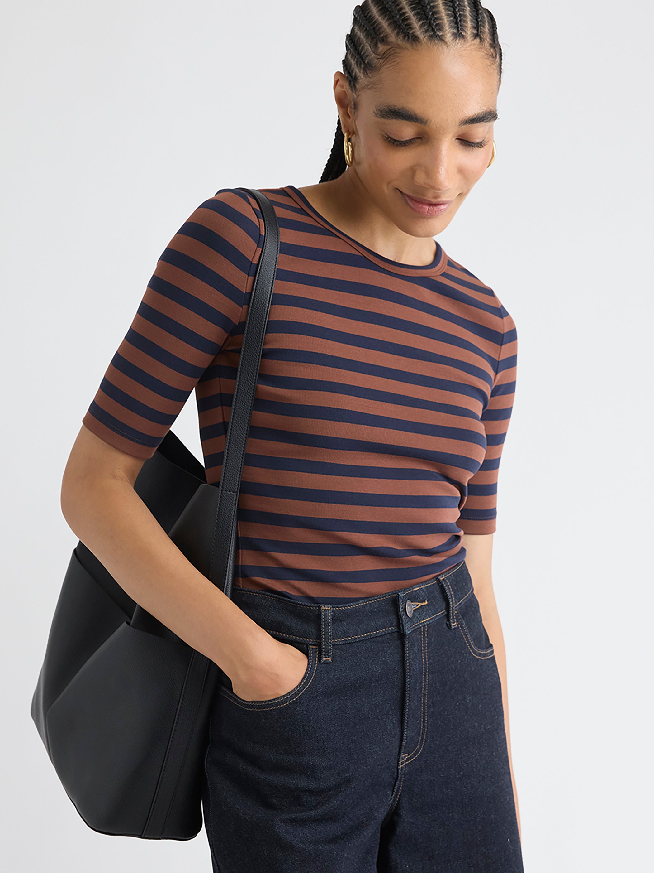 Striped Elbow-Sleeve Crew-Neck Fitted Tee