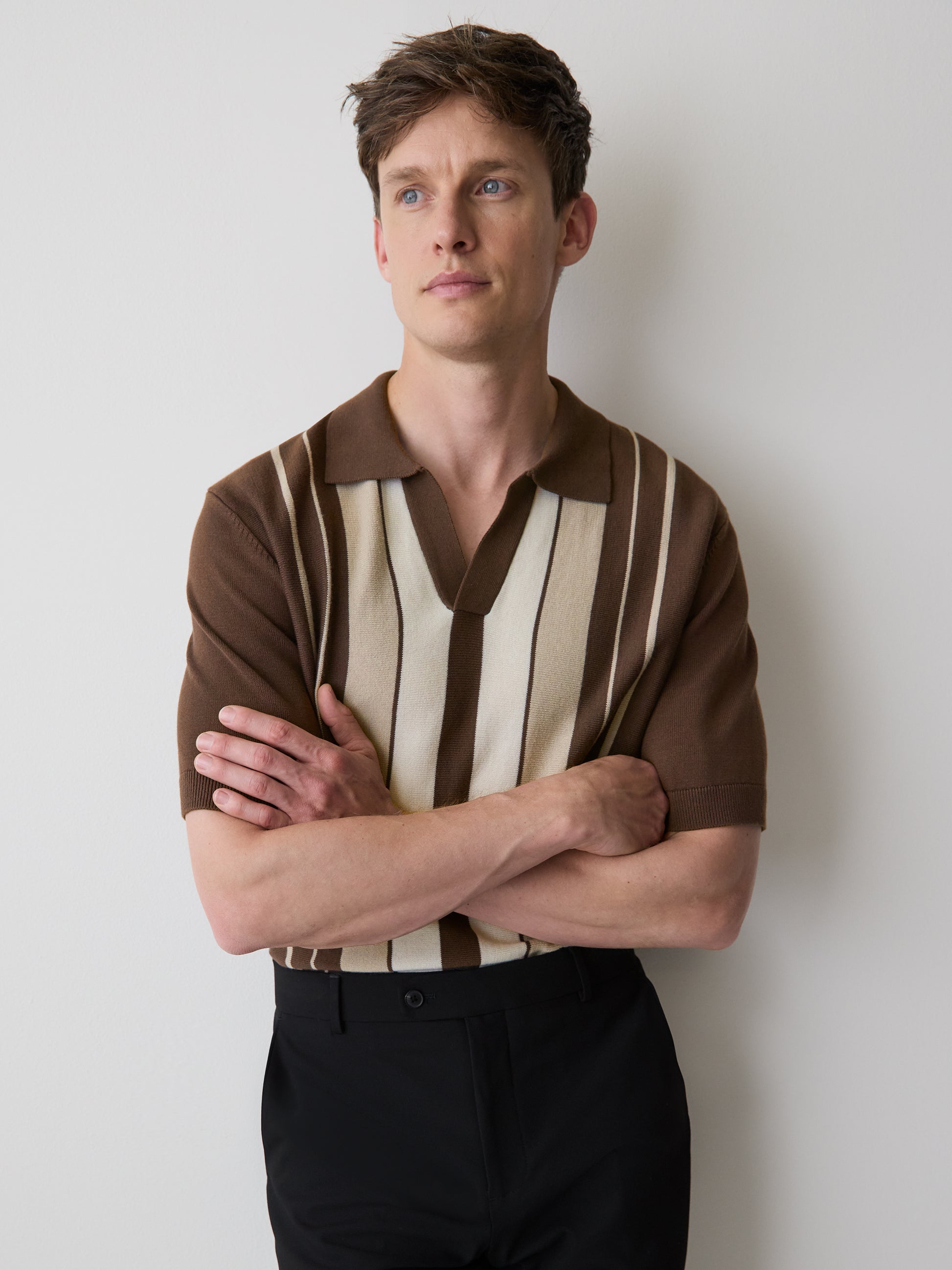 Striped Short-Sleeve Sweater with Johnny Collar