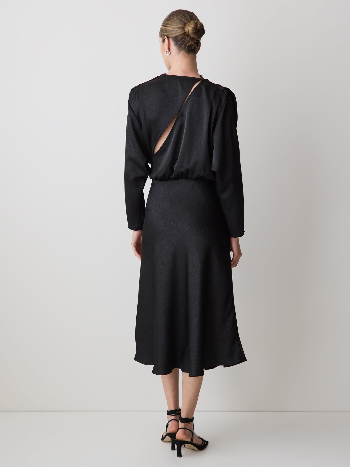 Satin Long-Sleeve Draped Midi Dress