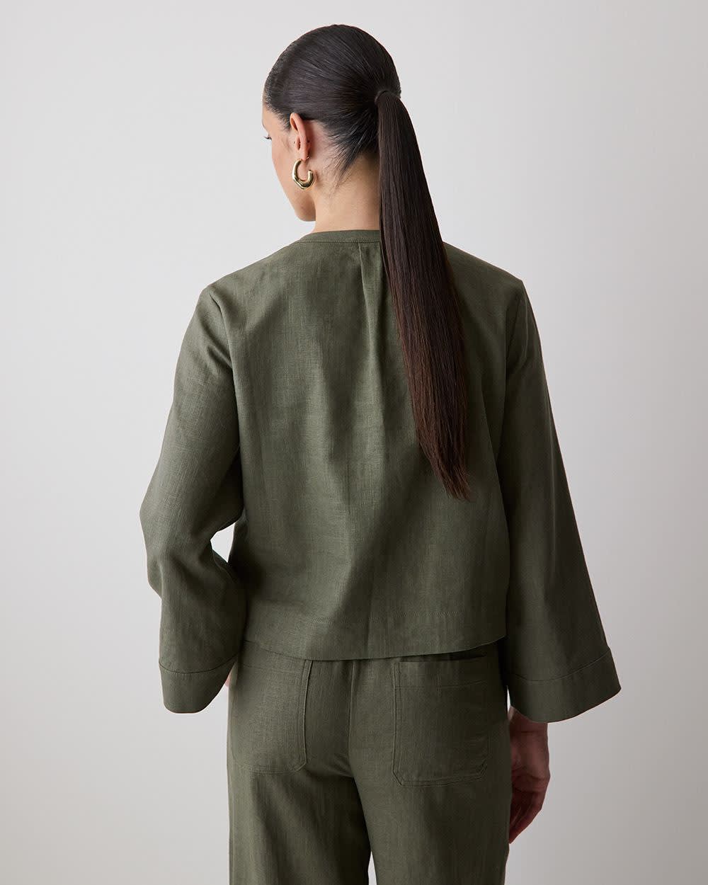 Linen Long-Sleeve Popover Blouse