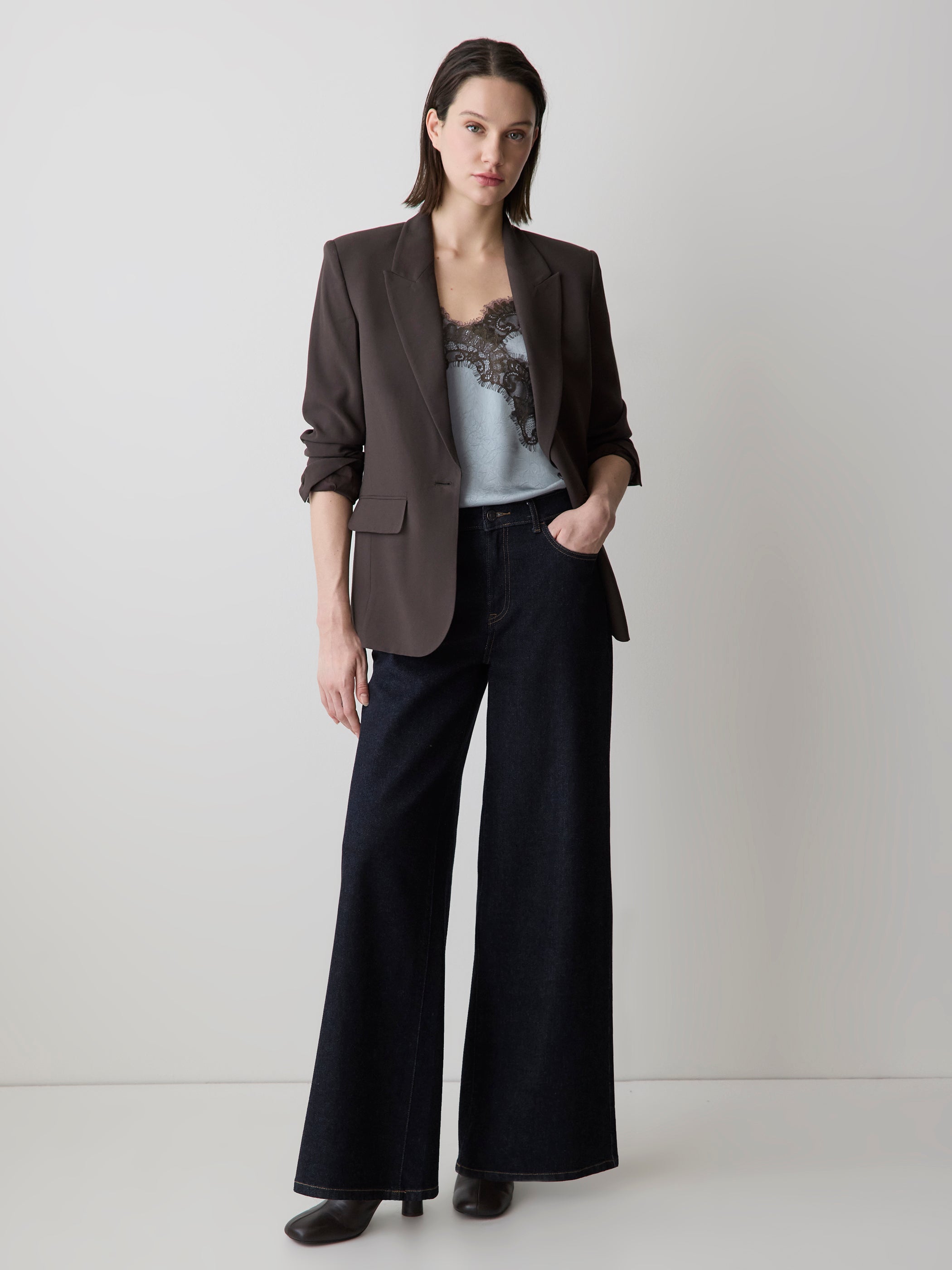 Blouse Sans Manches à Col V en Satin avec Garniture en Dentelle