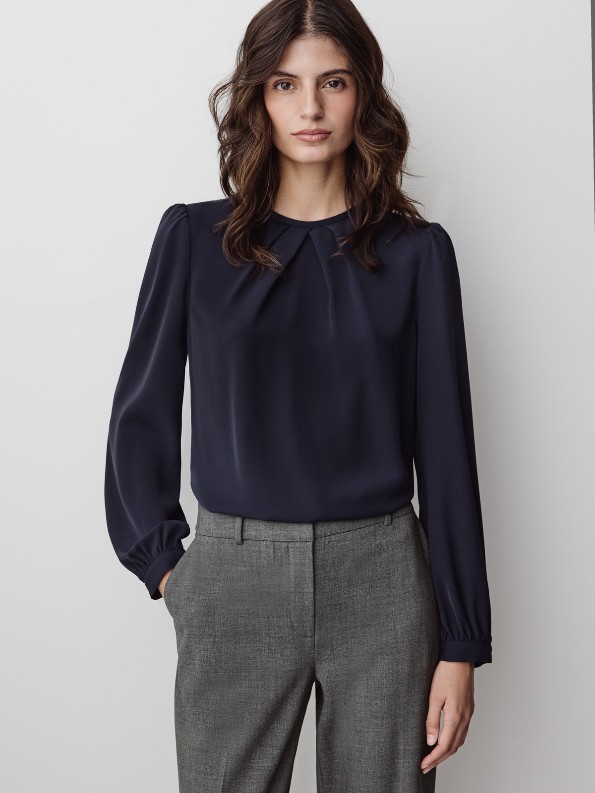 Woven Popover Blouse, Luxe Crepe, Long Sleeve