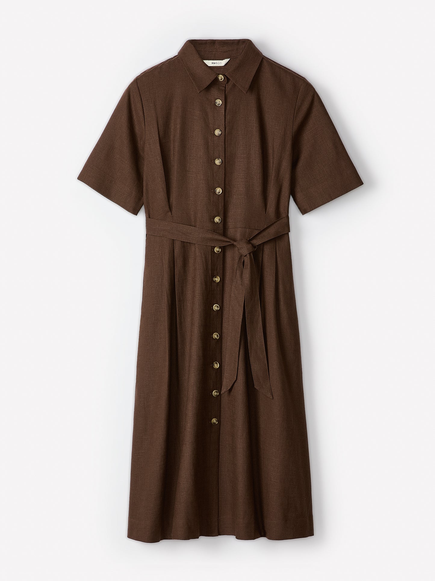 Short-Sleeve Linen-Blend Midi Dress with Shirt Collar