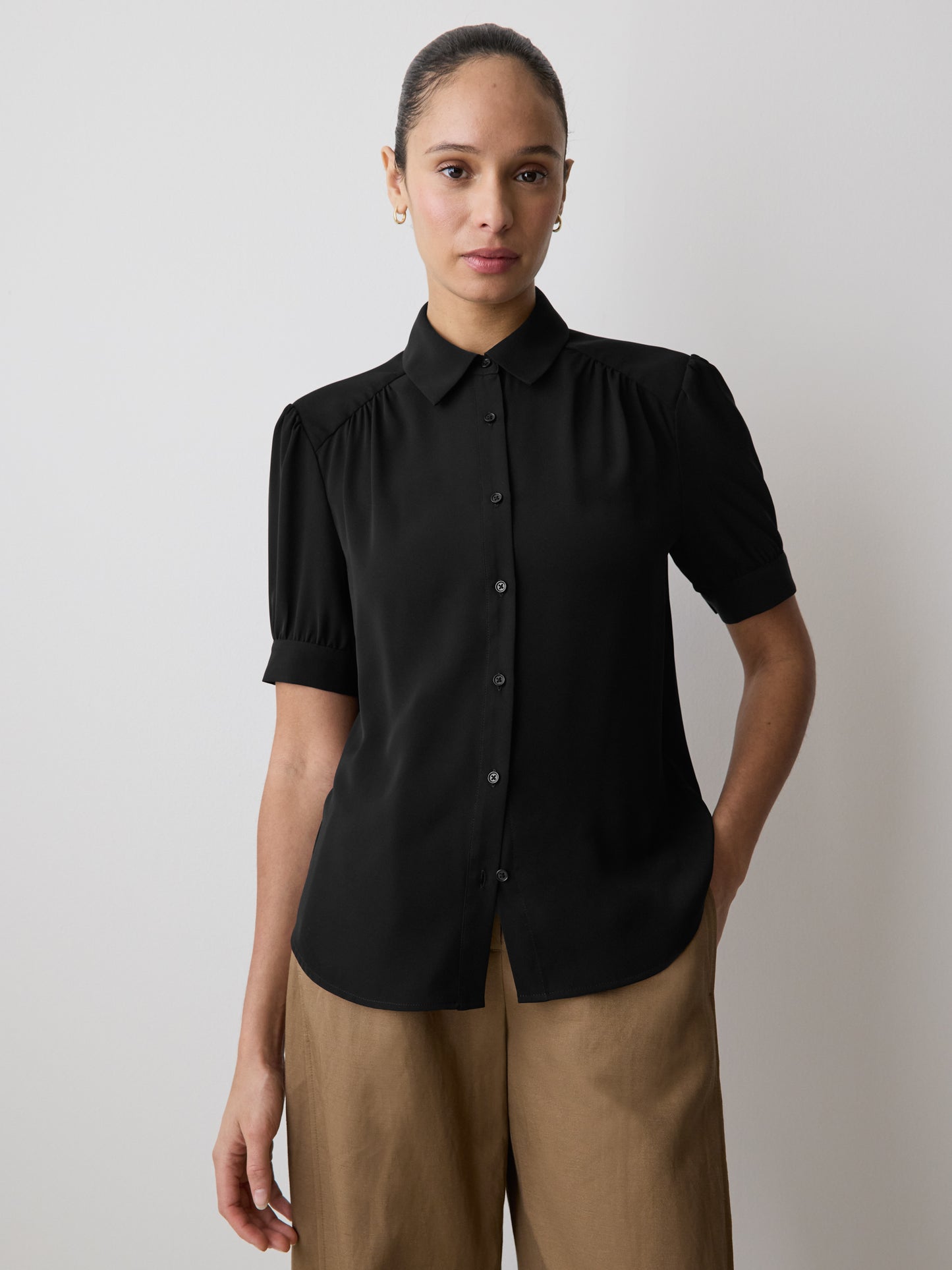 Silky Crepe Short-Sleeve Buttoned-Down Blouse