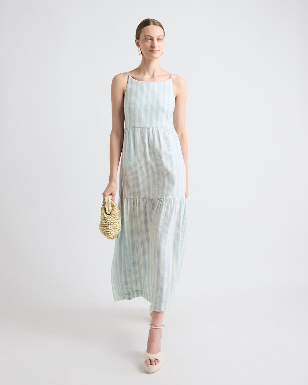 Sleeveless Square-Neck Linen-Blend Straight Maxi Dress