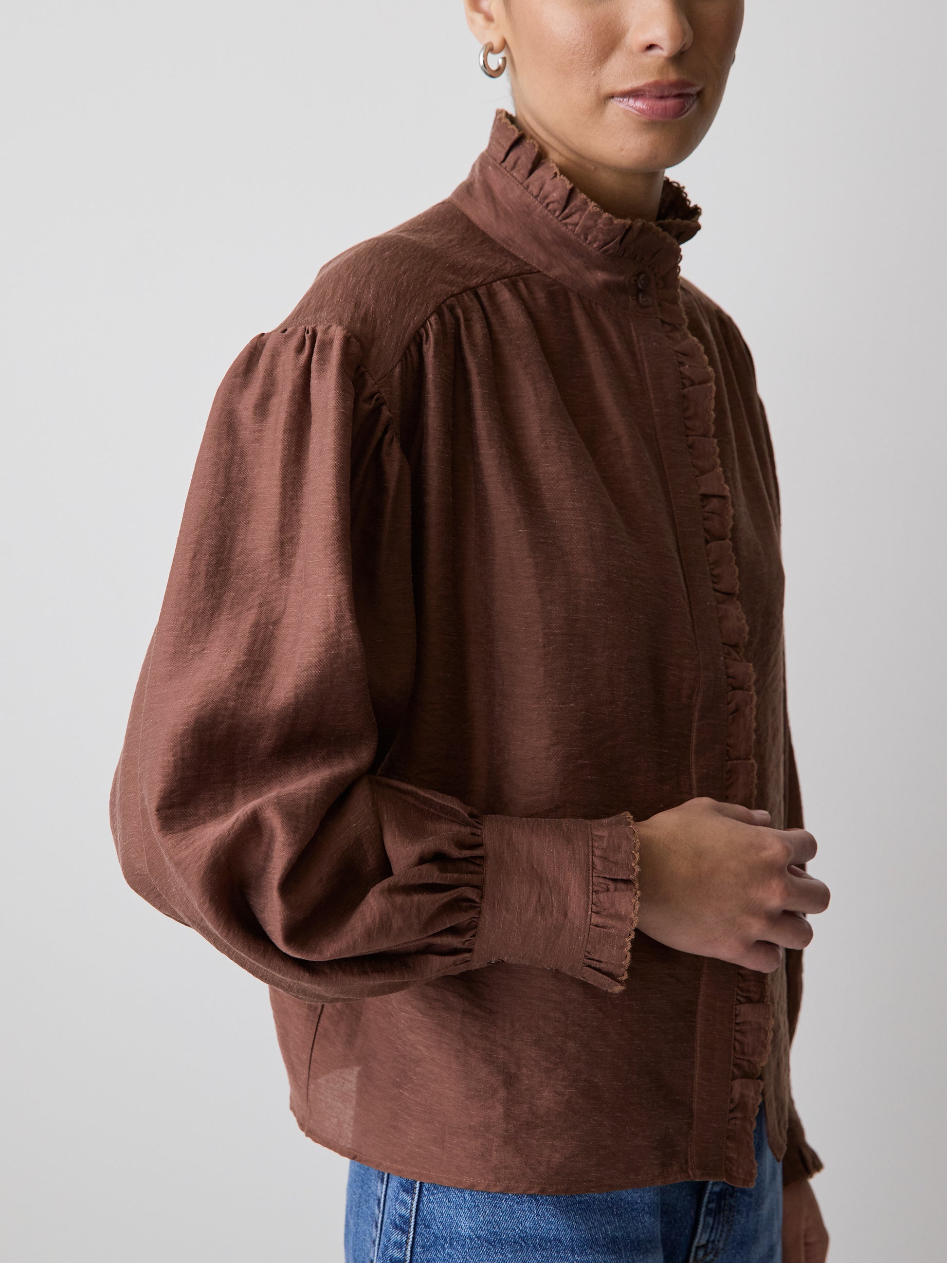 Long-Sleeve Crew-Neck Blouse with Ruffles