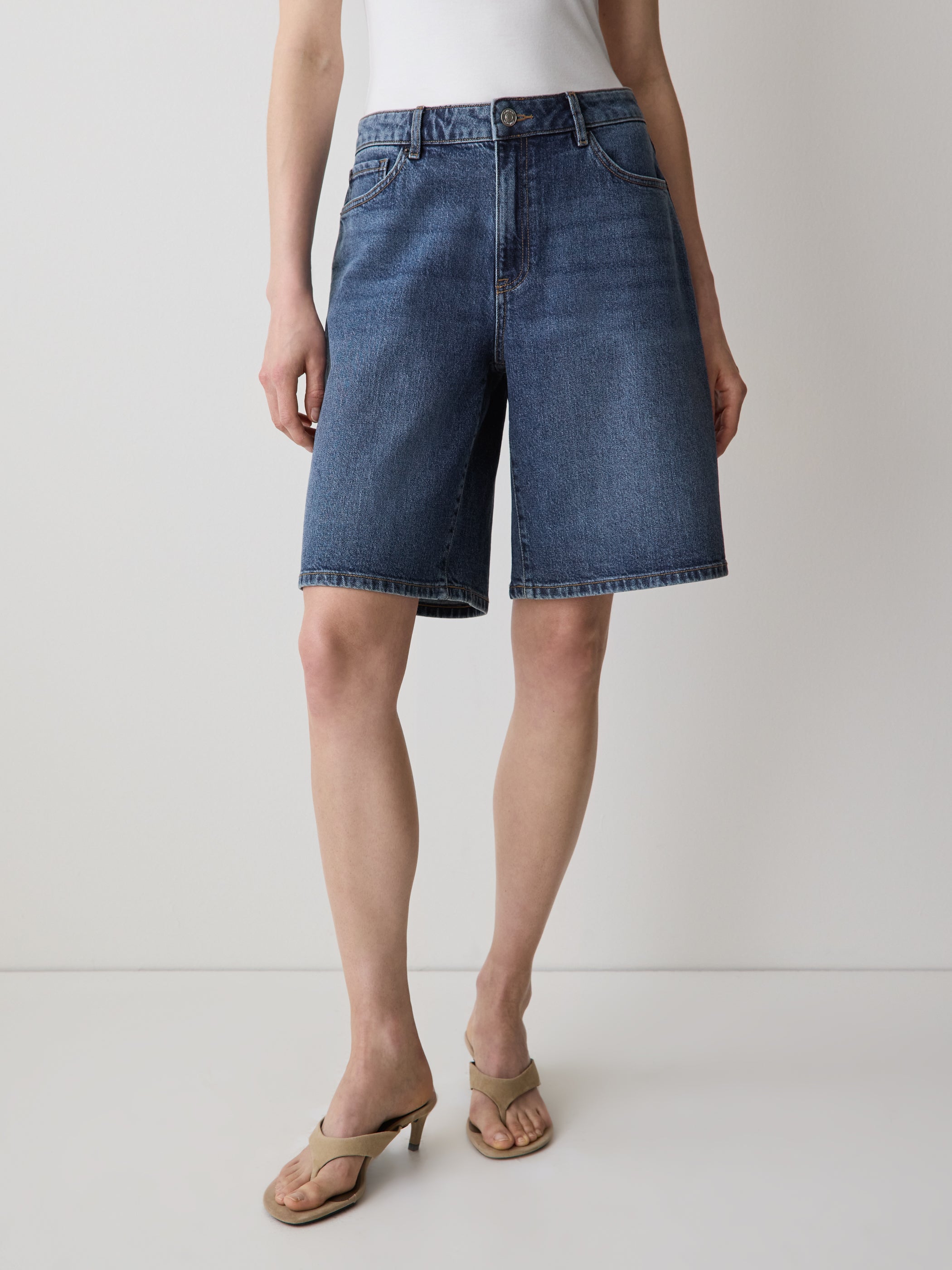 Bermuda Denim Shorts High Rise Cotton Blend