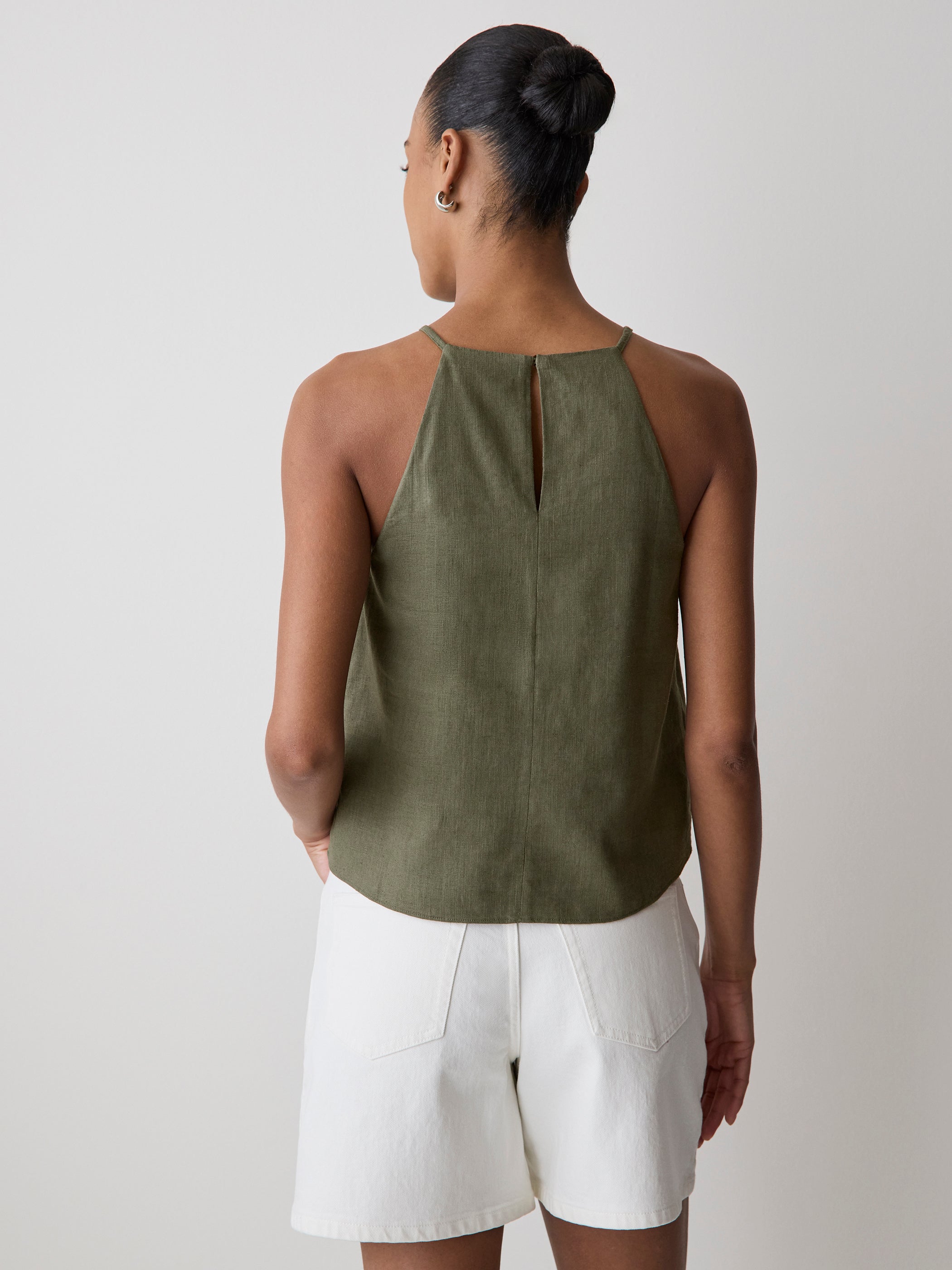 Woven Linen Blend Halter Top with Pleats
