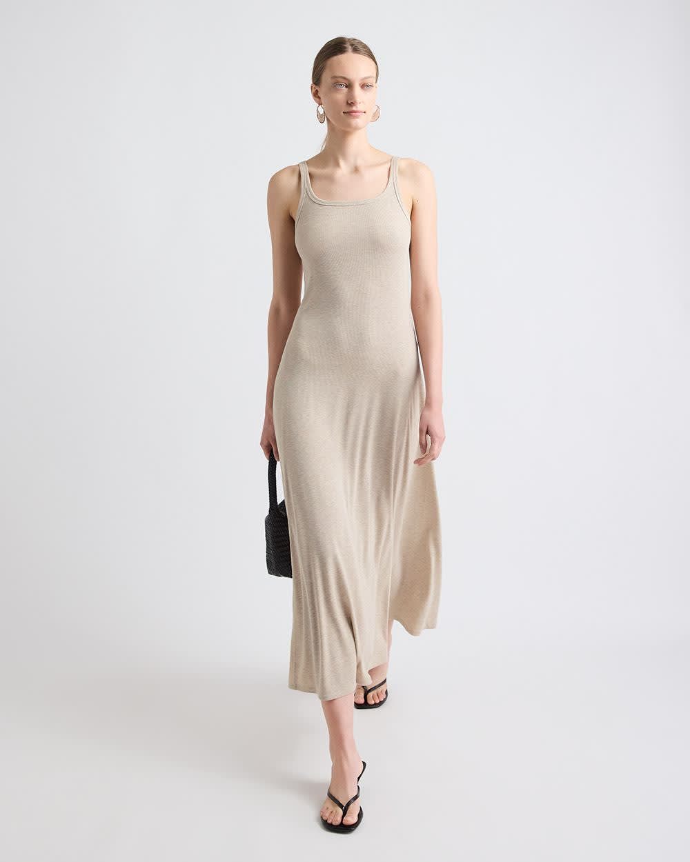 Robe Midi Sans Manches à Col Carré en Tricot Côtelé