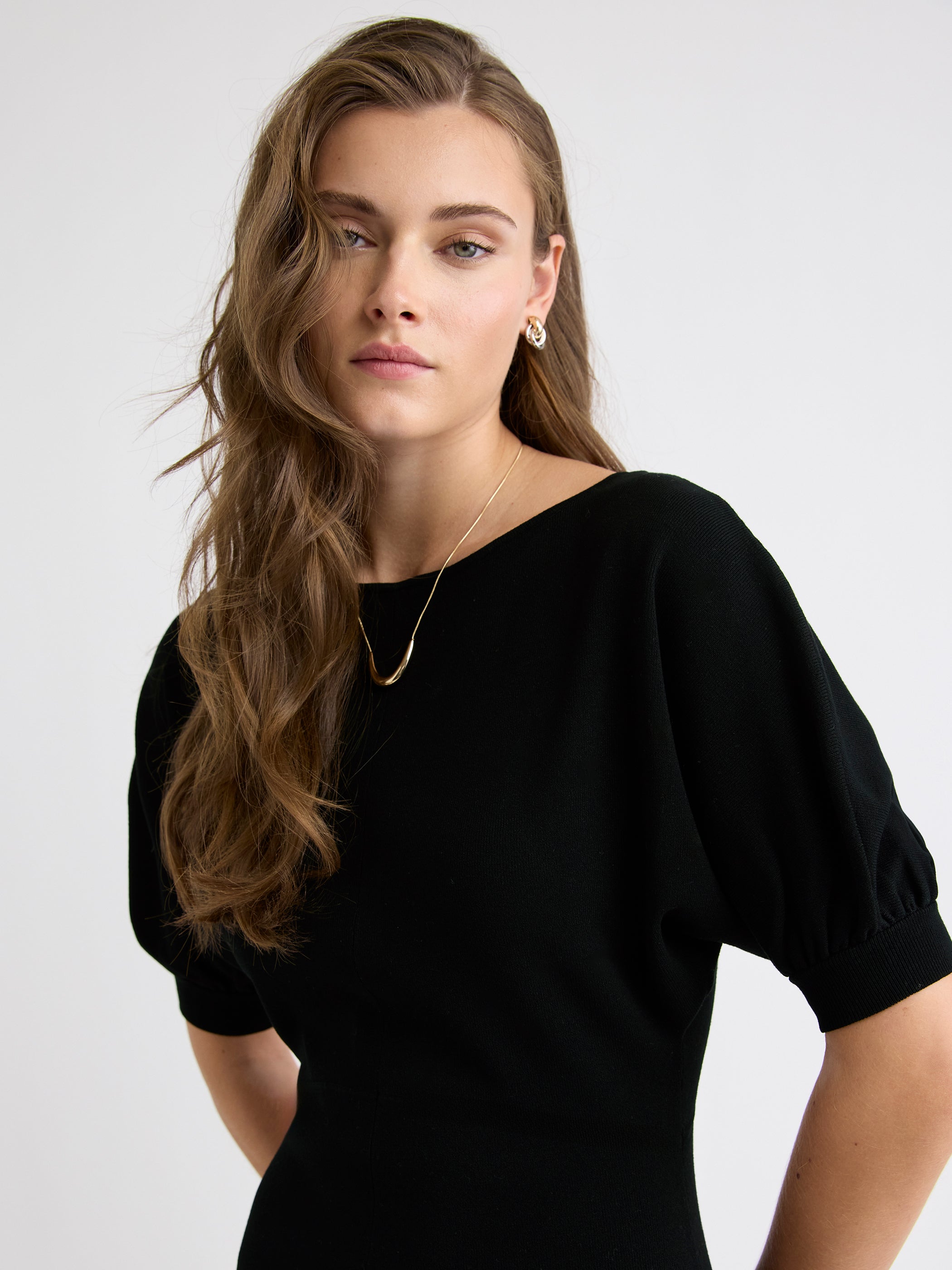 Robe Midi en Tricot à Manches aux Coudes et Col Bateau