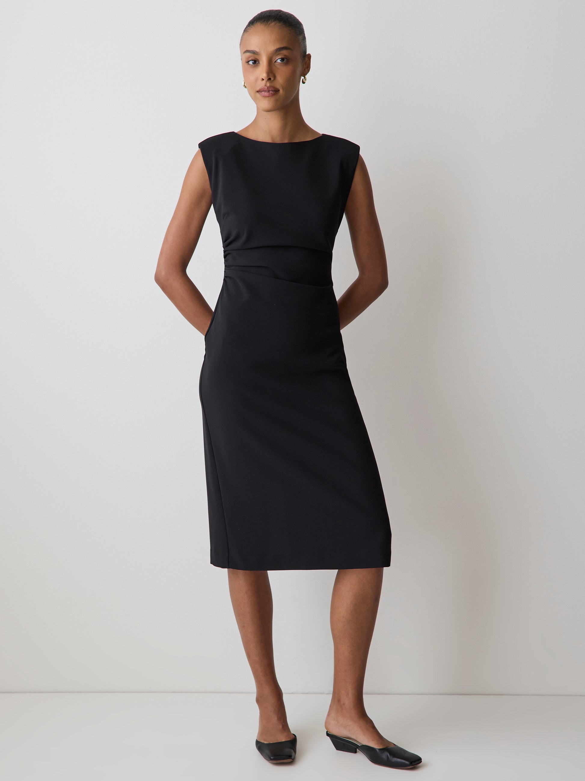 Sleeveless Woven Dress with Cow Neck, Polyester Blend