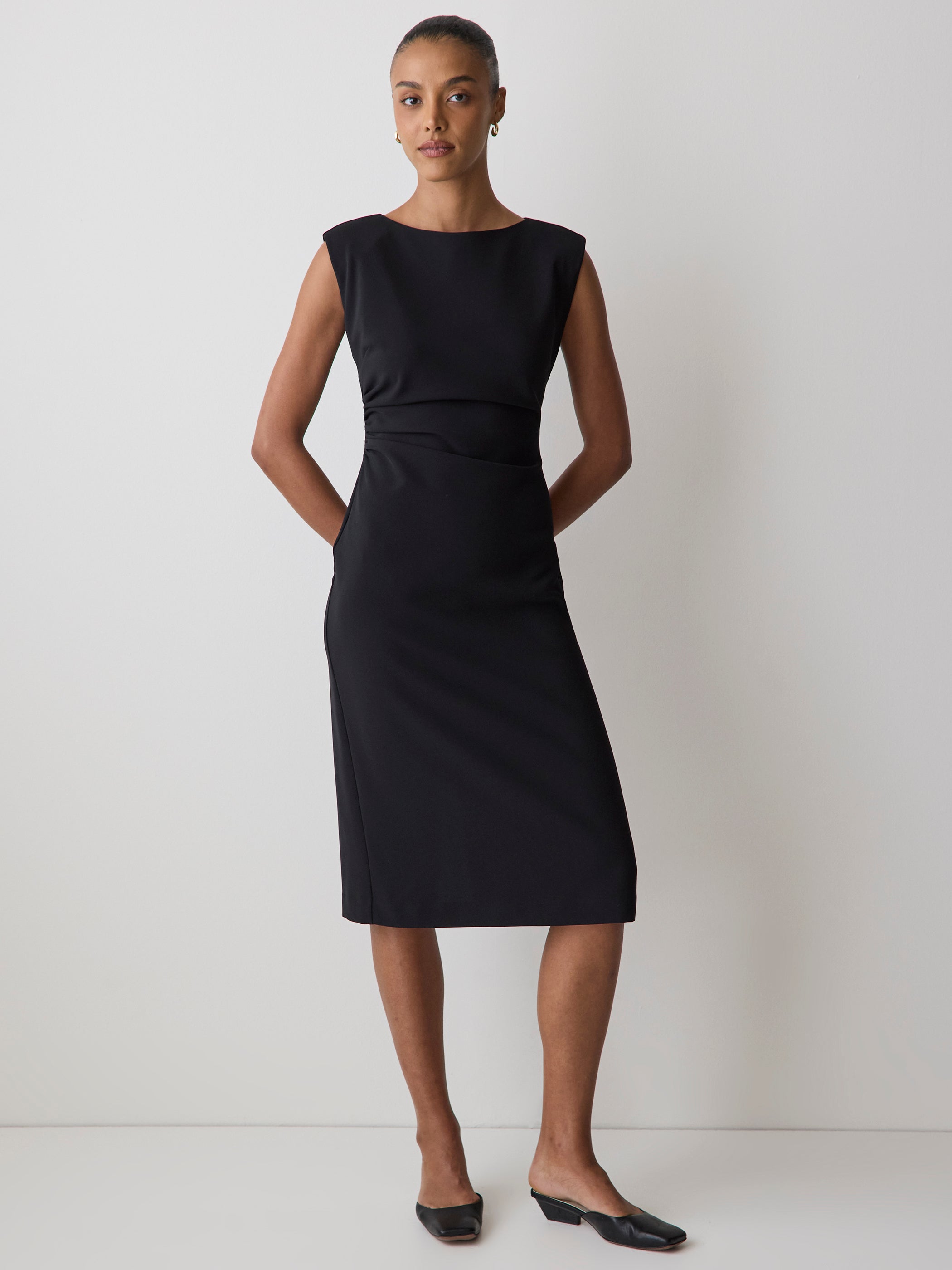 Sleeveless Woven Dress with Cow Neck, Polyester Blend